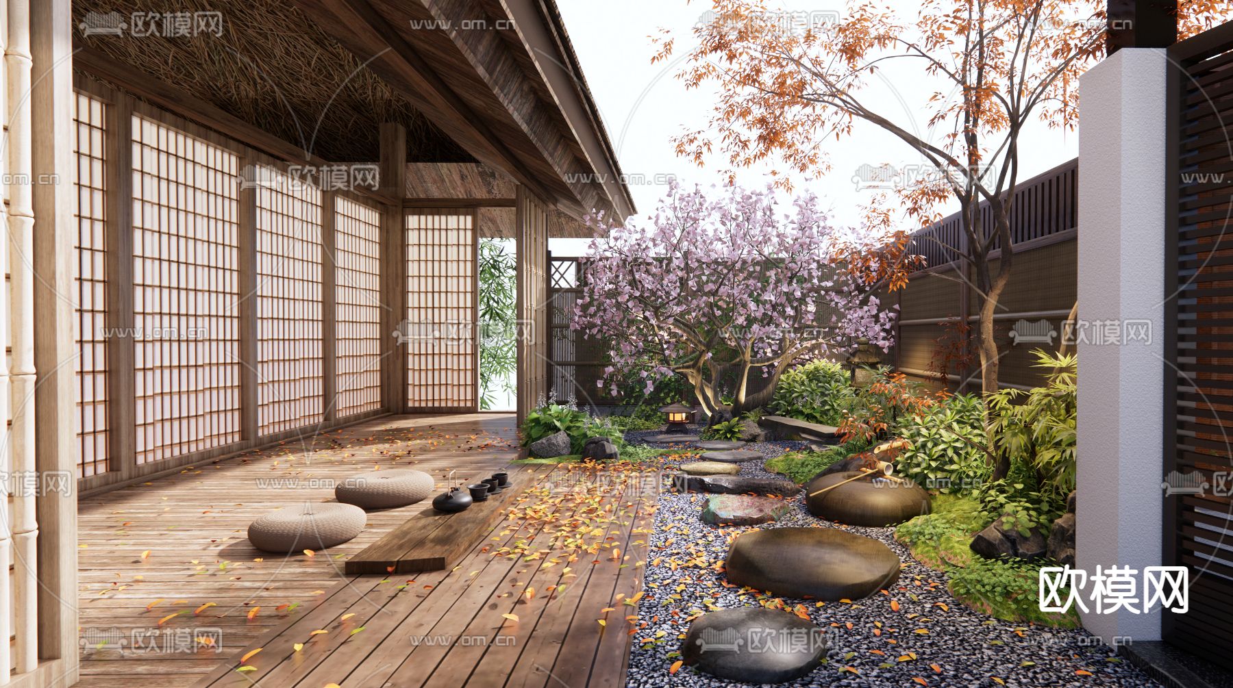日式庭院 枯山水 禅意庭院3d模型下载（渲染图1）