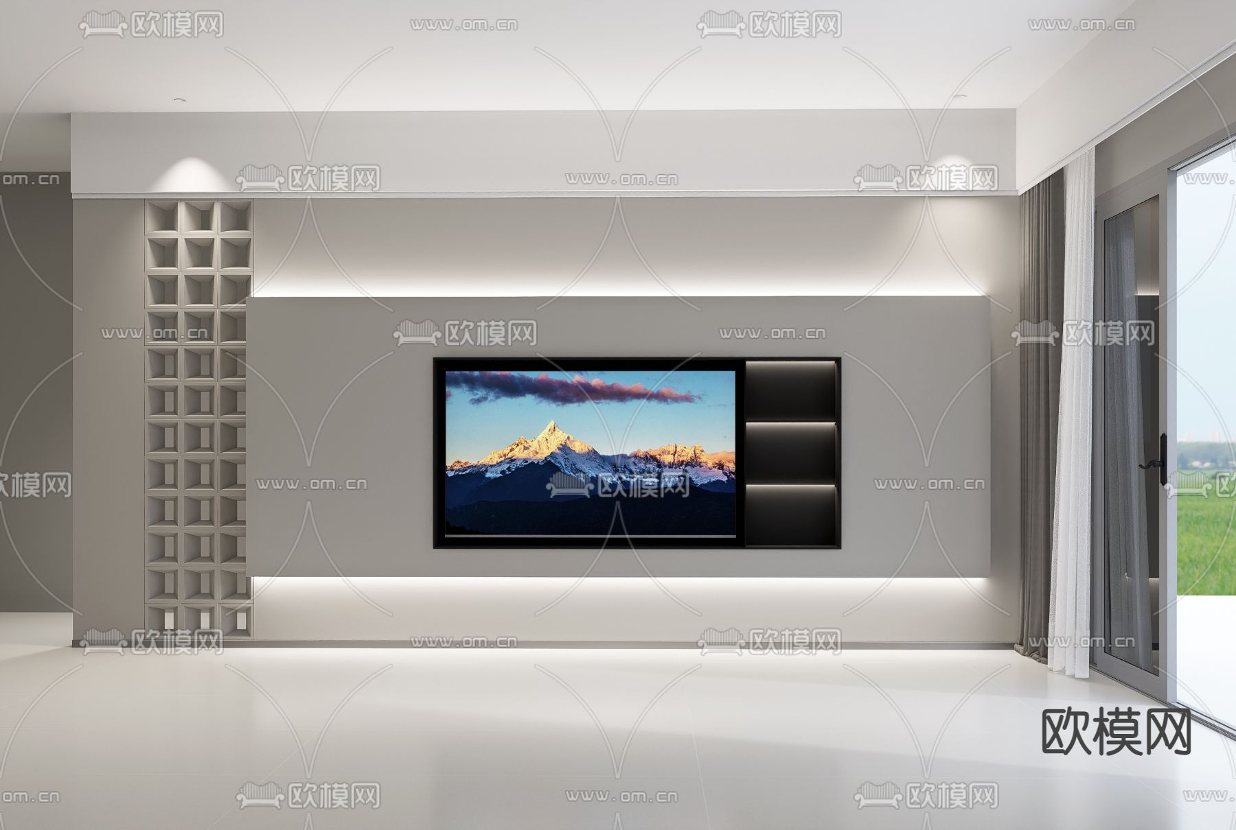 奶油风电视背景墙su模型