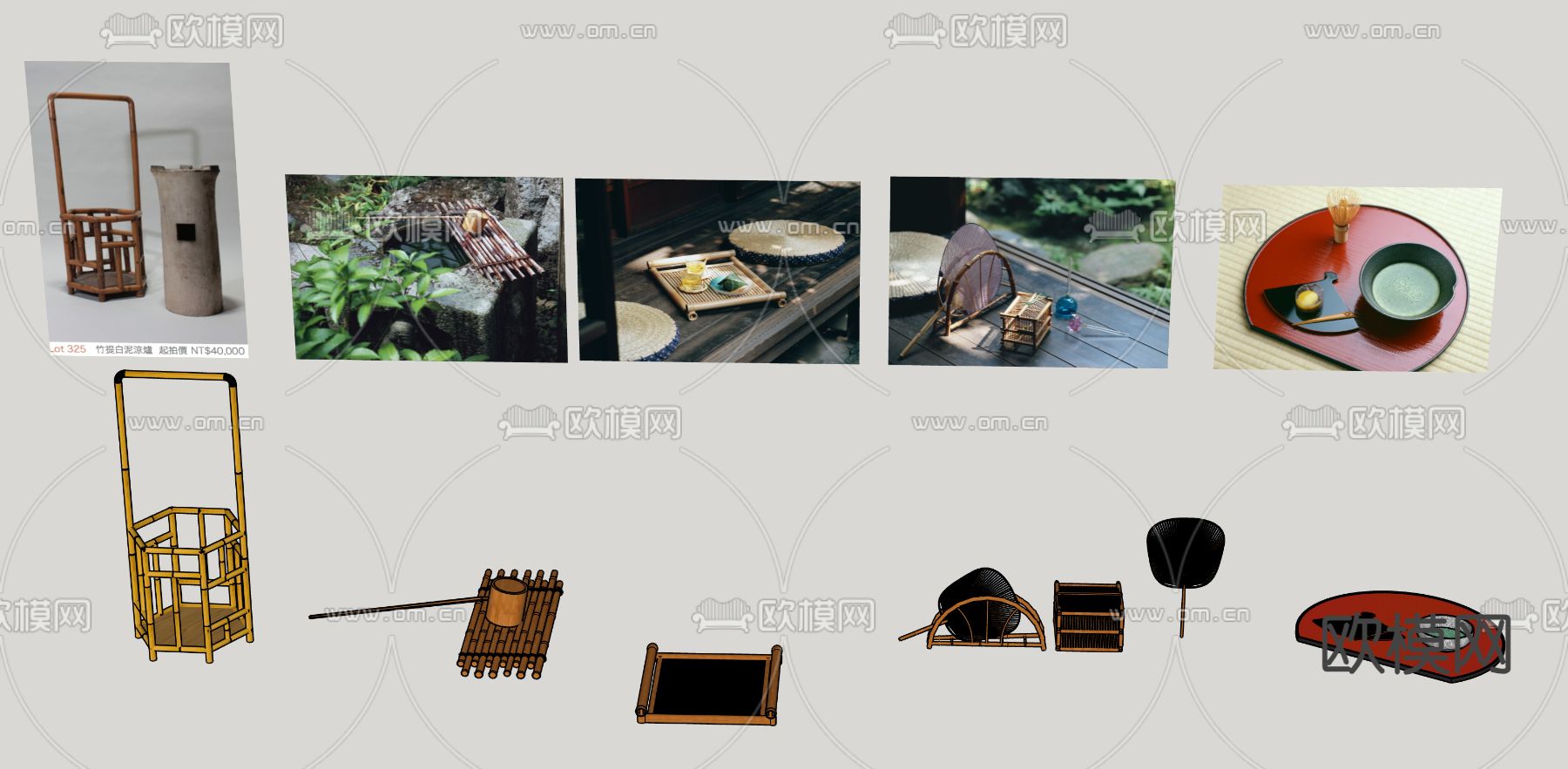 竹制工具摆件 竹篮 竹托盘su模型下载（渲染图1）