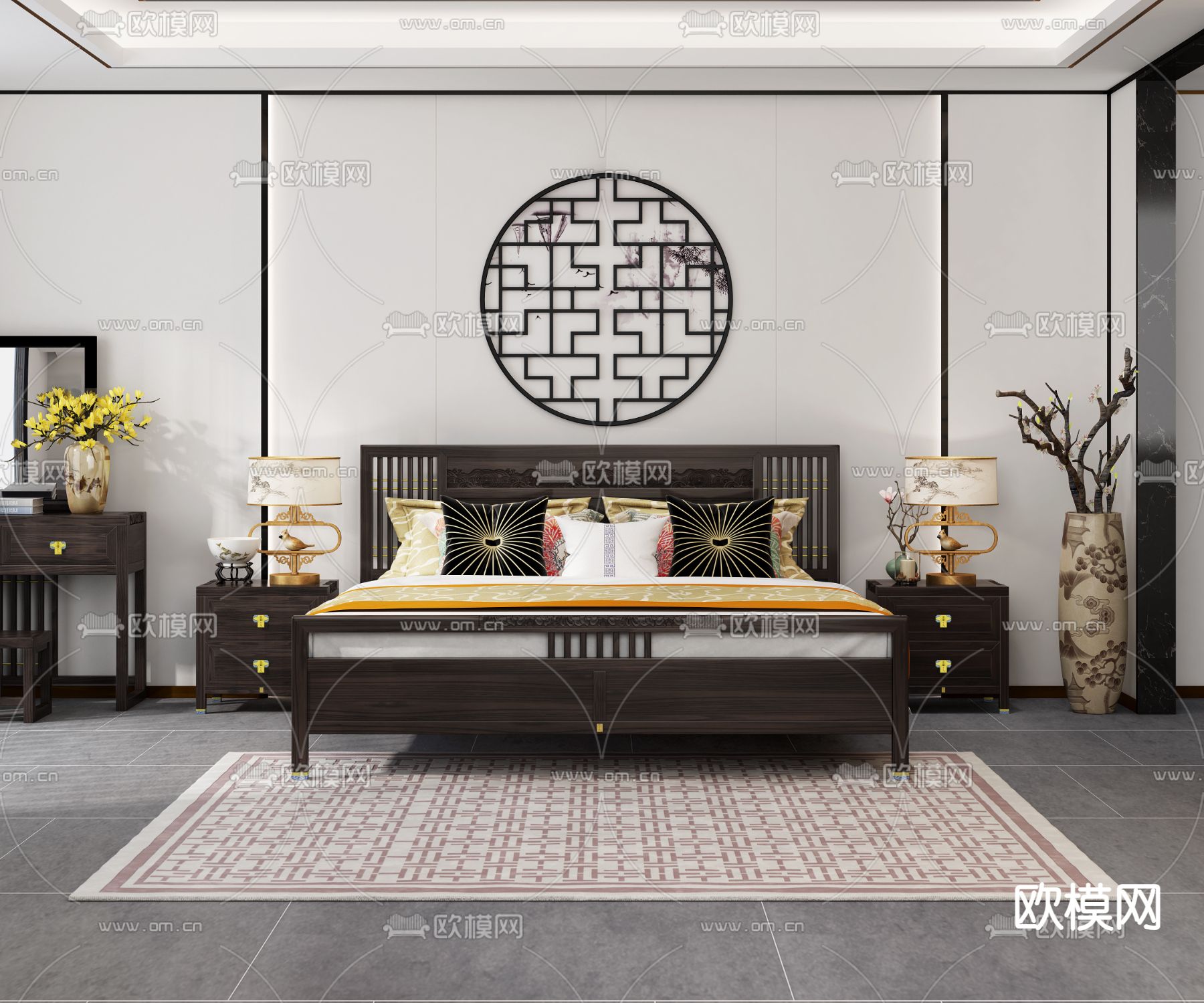 中式双人床 实木床3d模型下载