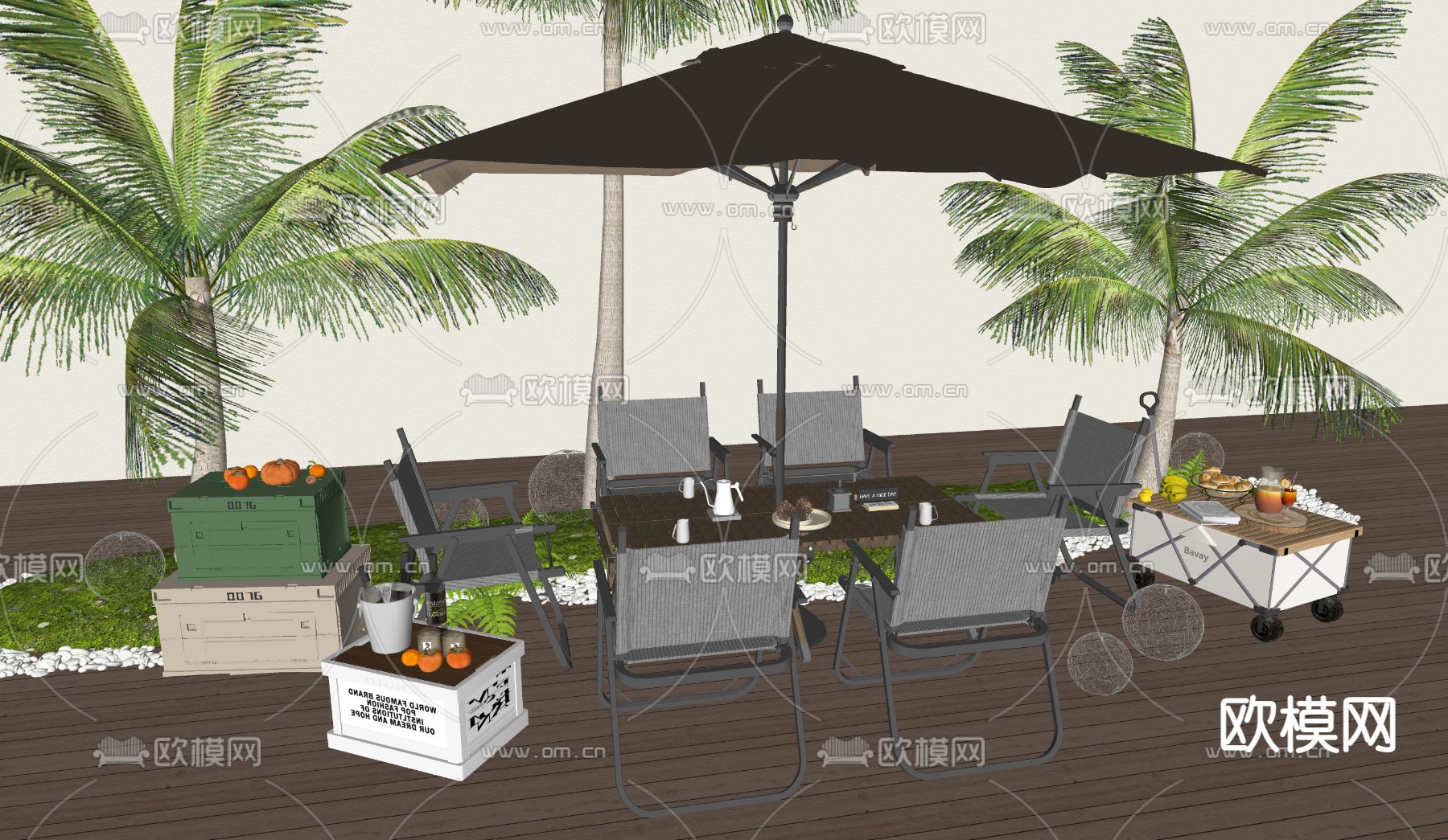 现代户外桌椅 露营外摆su模型下载（渲染图1）