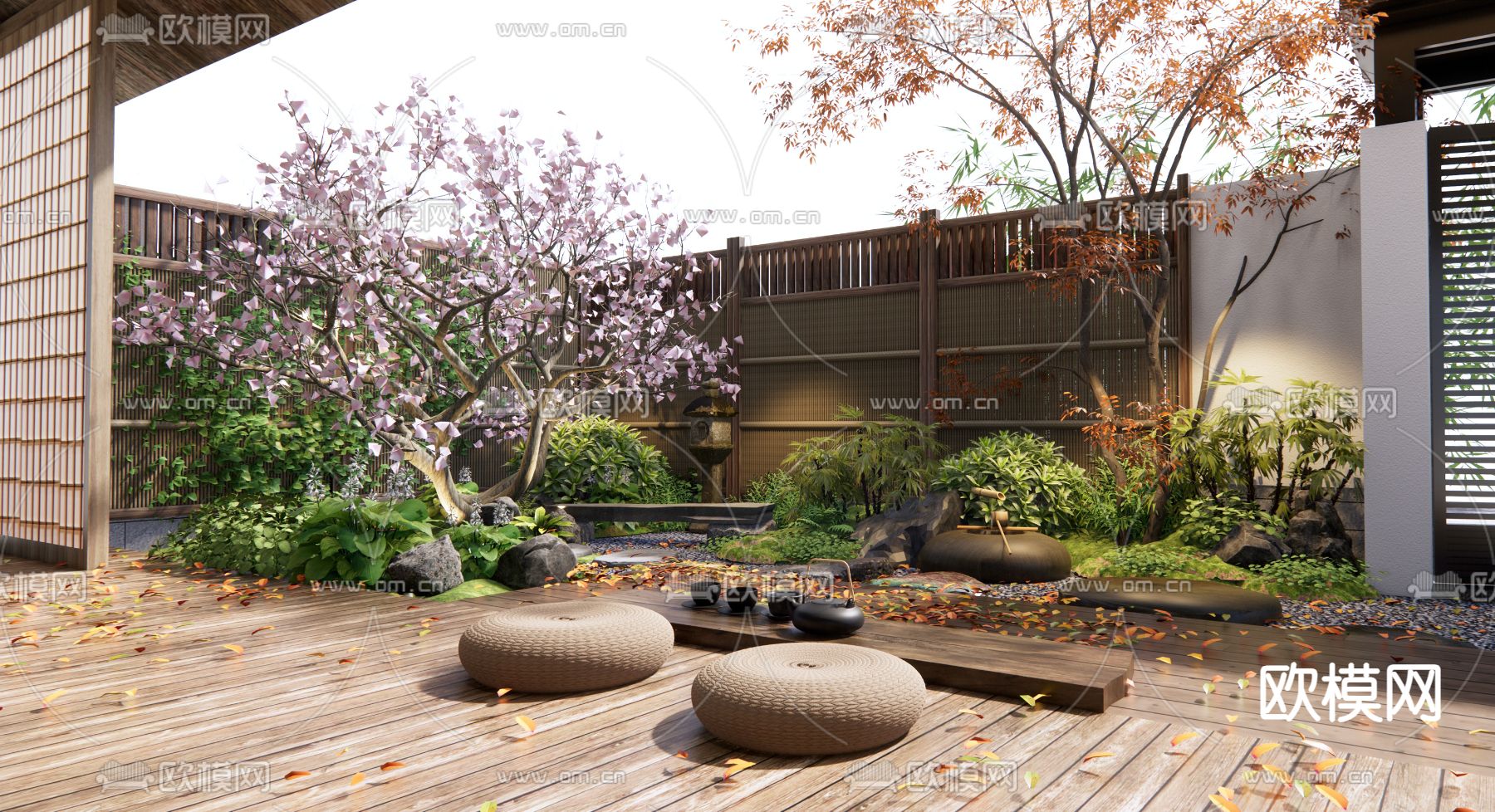 日式庭院 枯山水 禅意庭院3d模型下载（渲染图2）