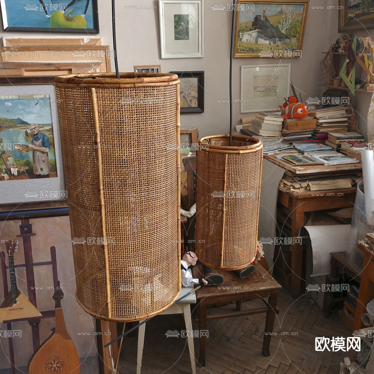 中式编藤吊灯3d模型下载（渲染图2）