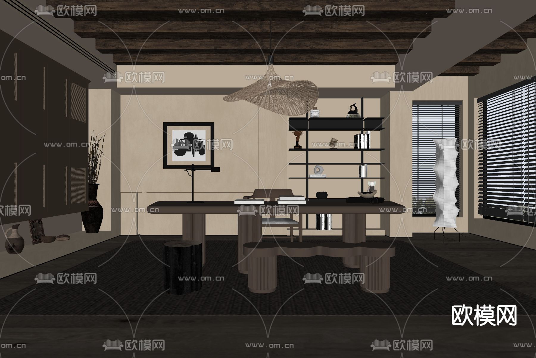 中古风书房su模型下载（渲染图1）