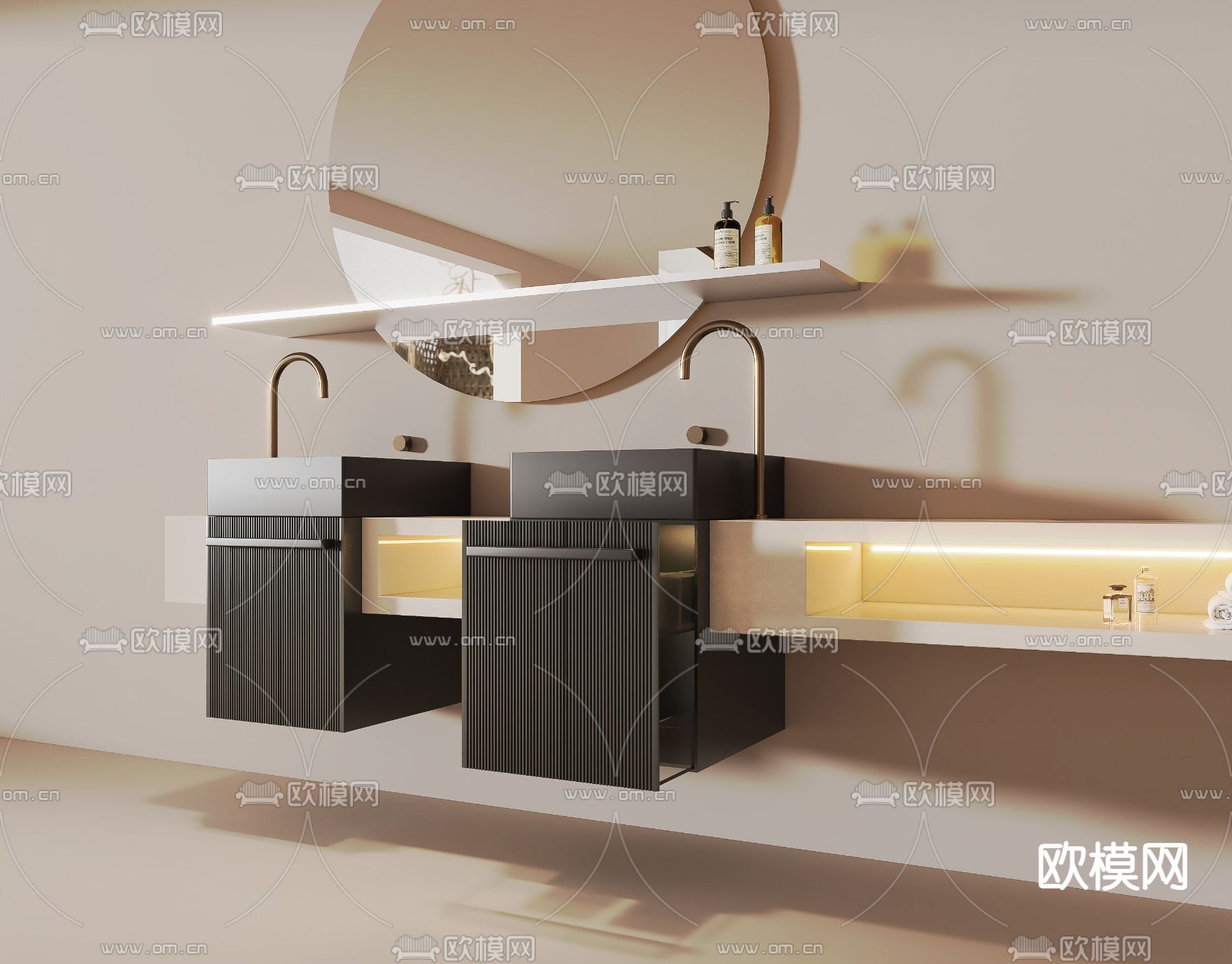 悬空台盆 双盆洗手台 洗手盆3d模型下载（渲染图2）