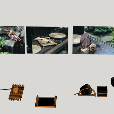  竹制工具摆件 竹篮 竹托盘su模型 