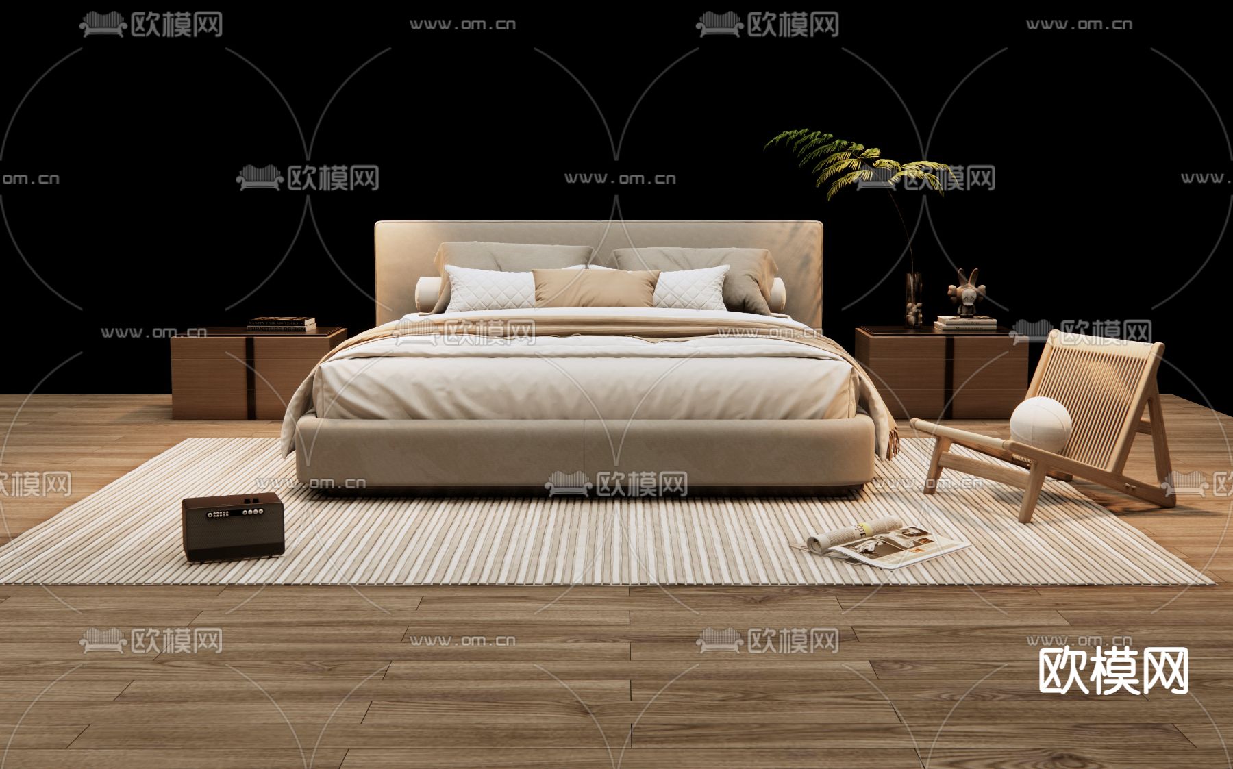 现代双人床su模型下载（渲染图2）