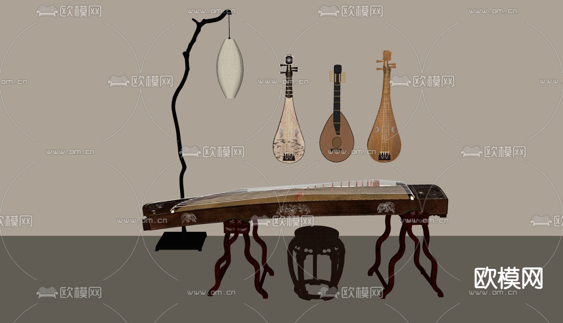 新中式古筝 琵琶su模型下载（渲染图1）