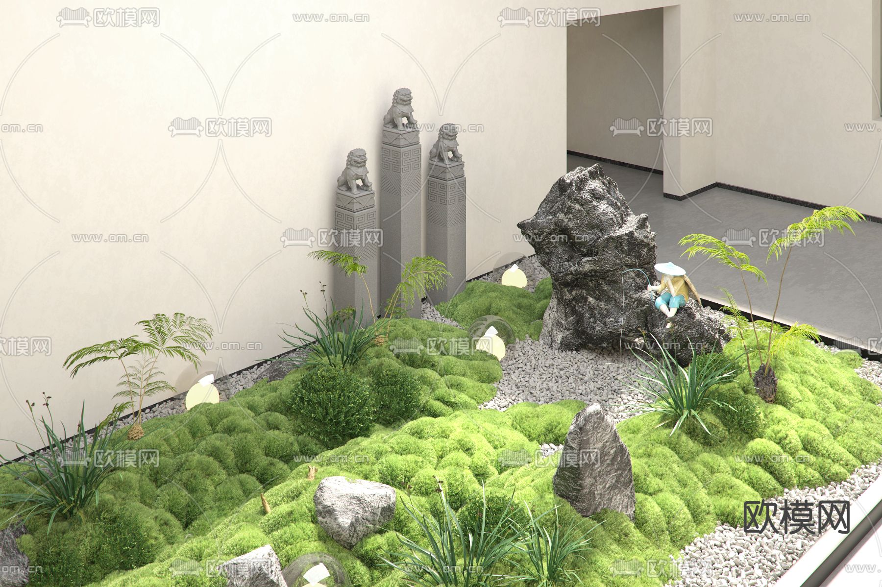 室内景观 苔癣造景 假山绿植3d模型下载