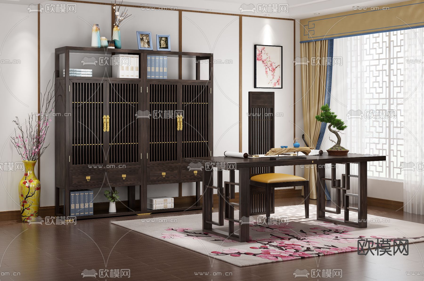 中式书桌 书台 博古架3d模型下载