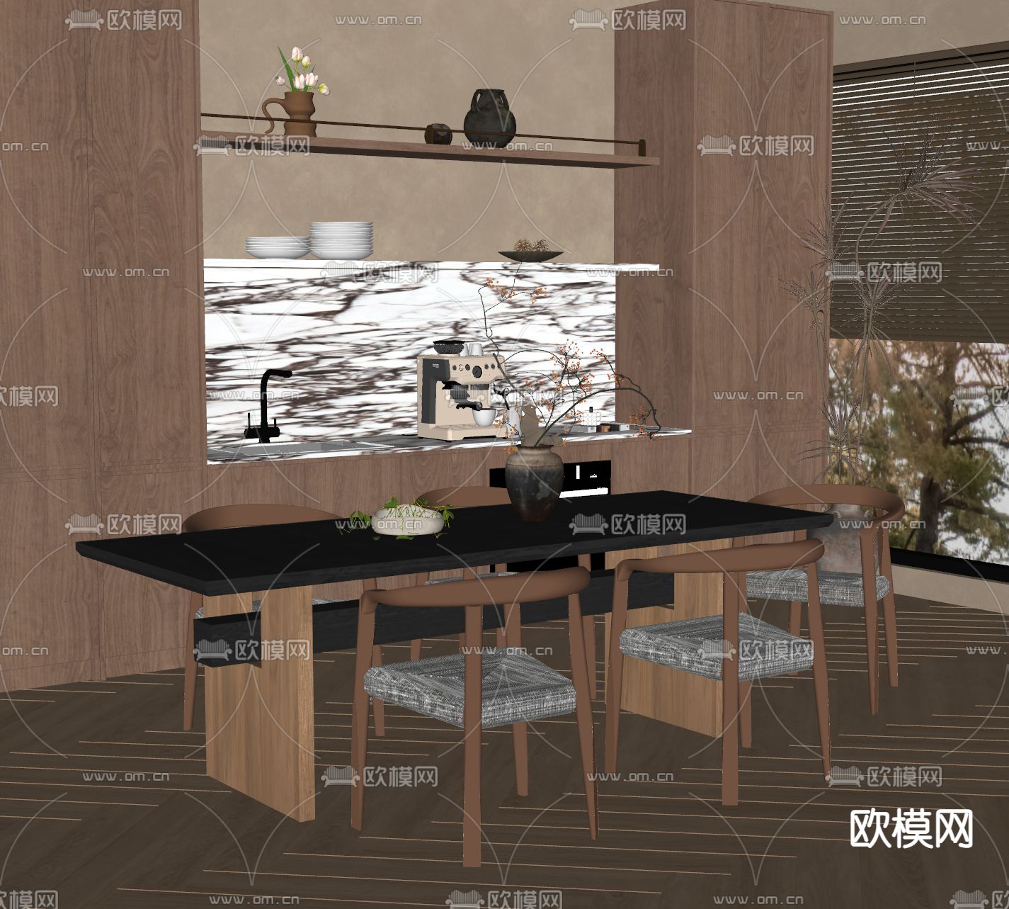 中古风餐桌椅su模型下载（渲染图1）