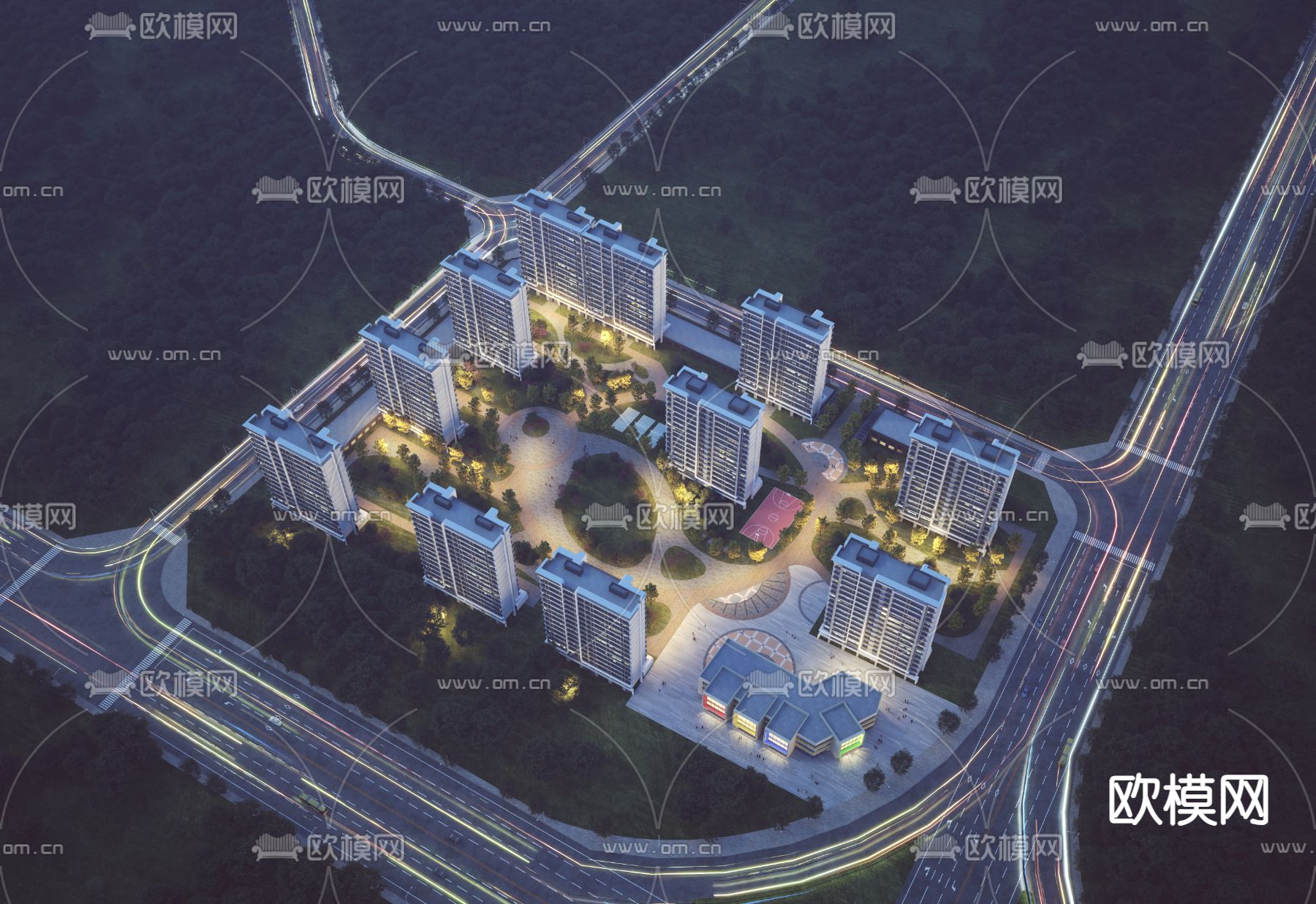 住宅小区鸟瞰 夜景3d模型下载