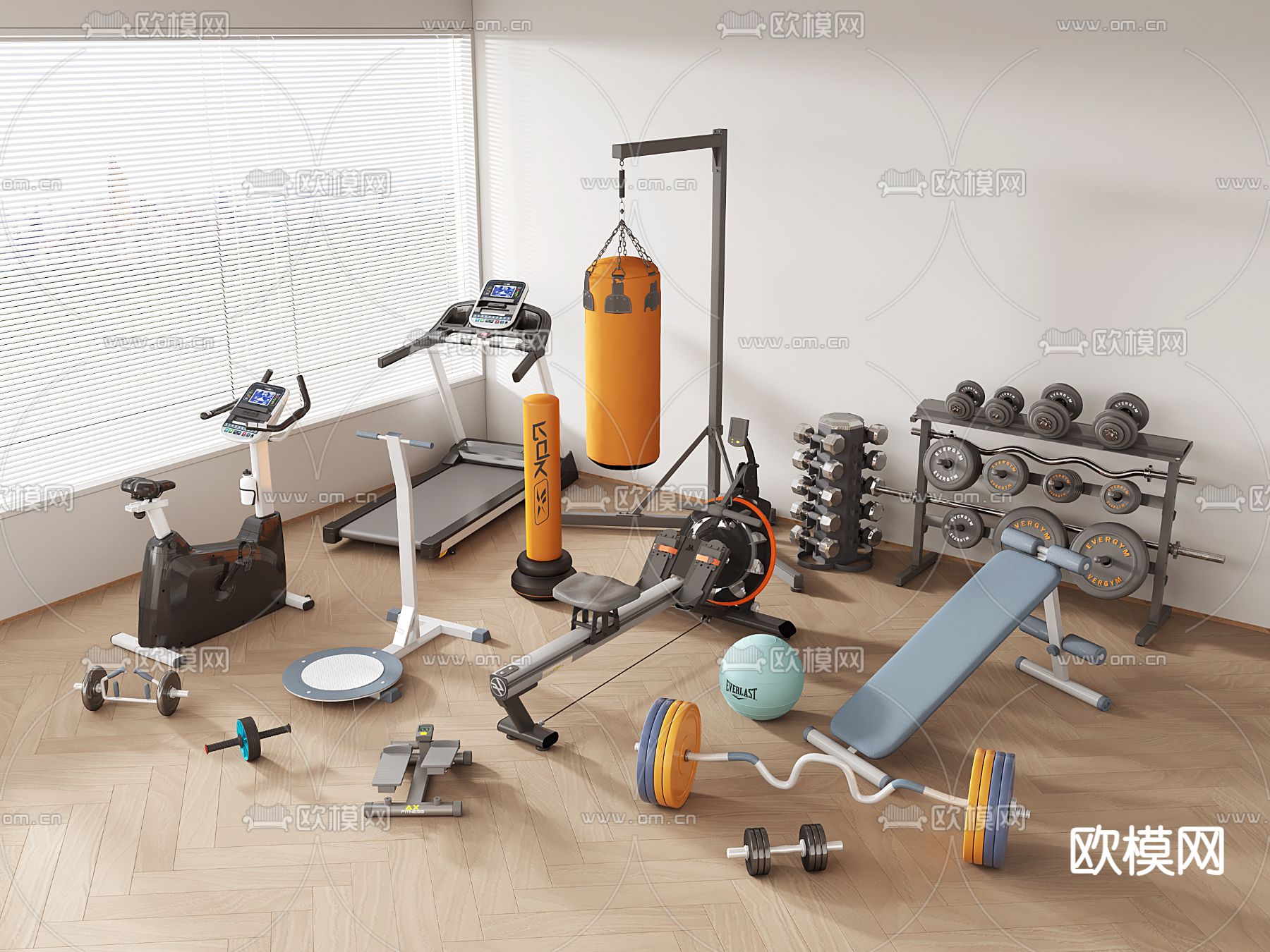 健身器材 跑步机 单车 划船器 杠铃哑铃 拳击3d模型下载
