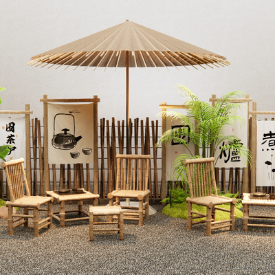  中式露营外摆 户外桌椅su模型 