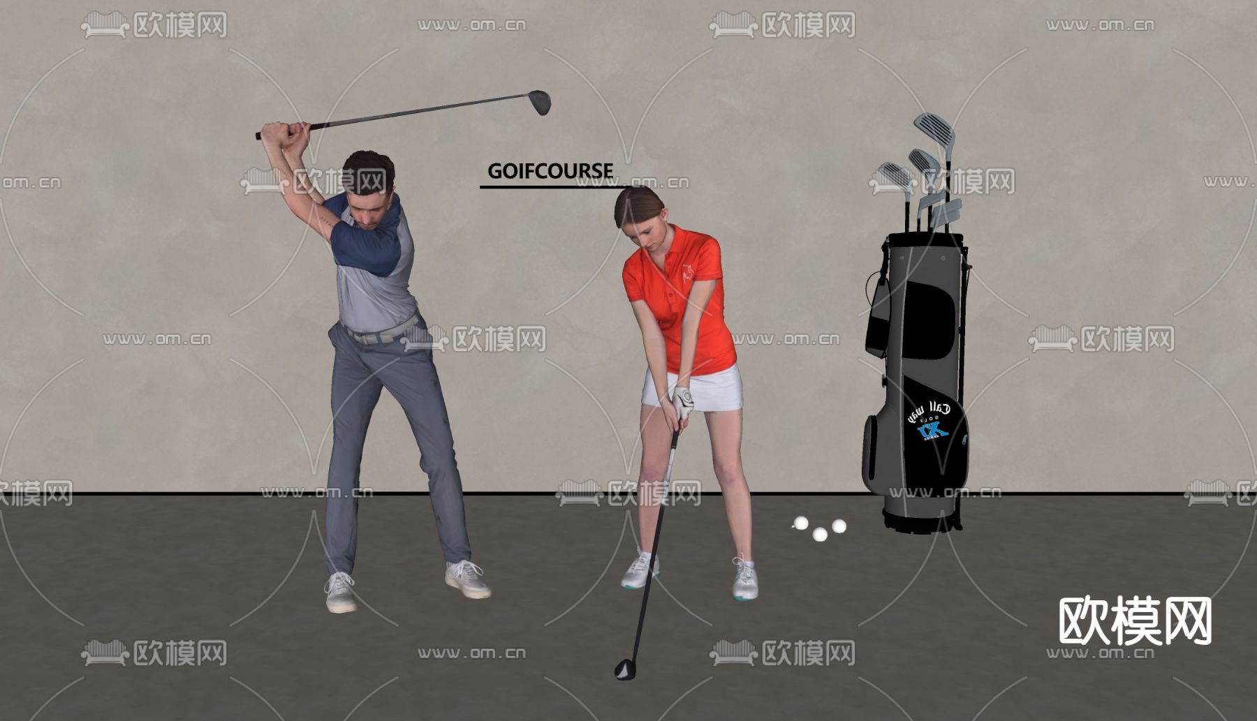 打高尔夫球人 高尔夫球杆su模型下载（渲染图1）
