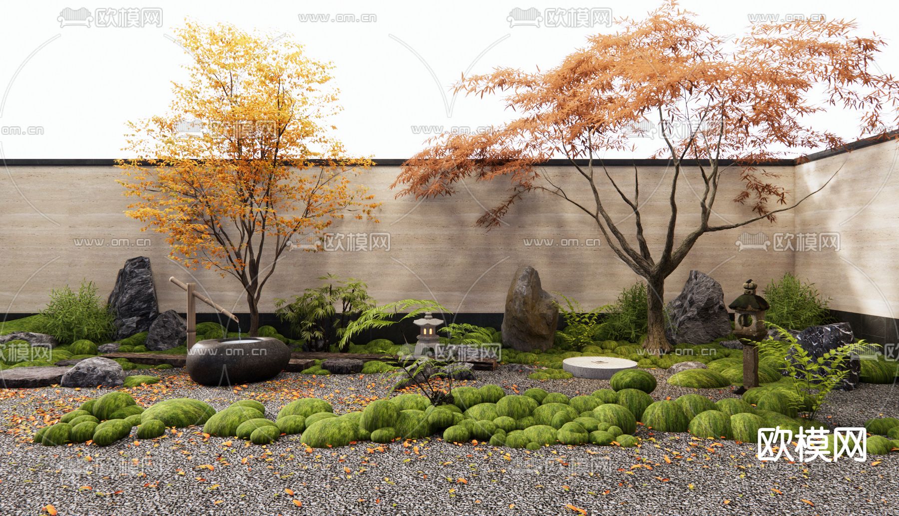 日式枯山水 庭院景观 流水钵3d模型下载