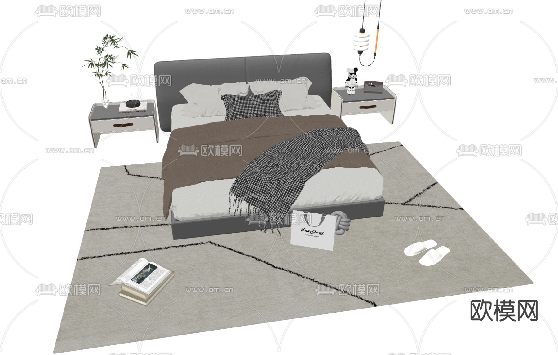 现代双人床su模型下载（渲染图1）