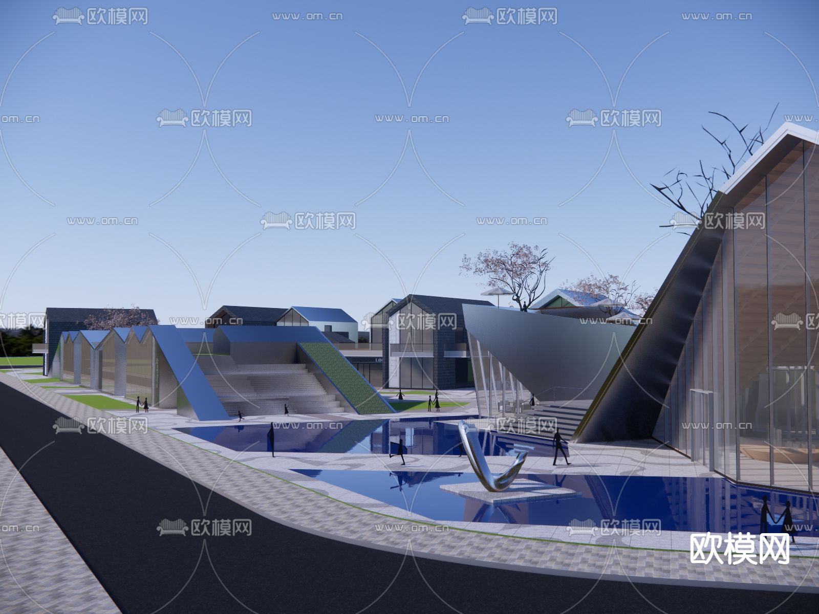 现代商业街su模型下载（渲染图2）