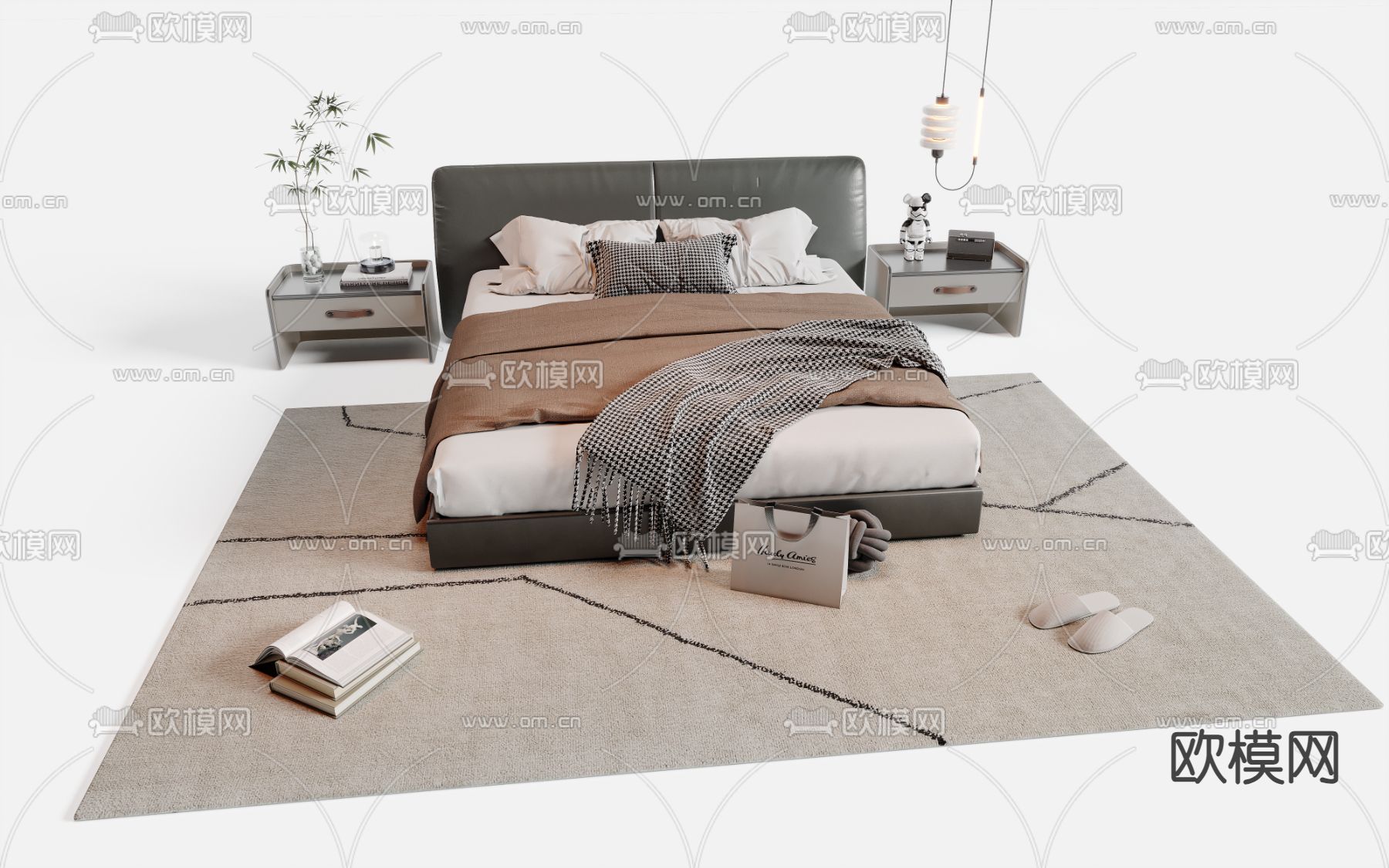 现代双人床su模型下载（渲染图2）