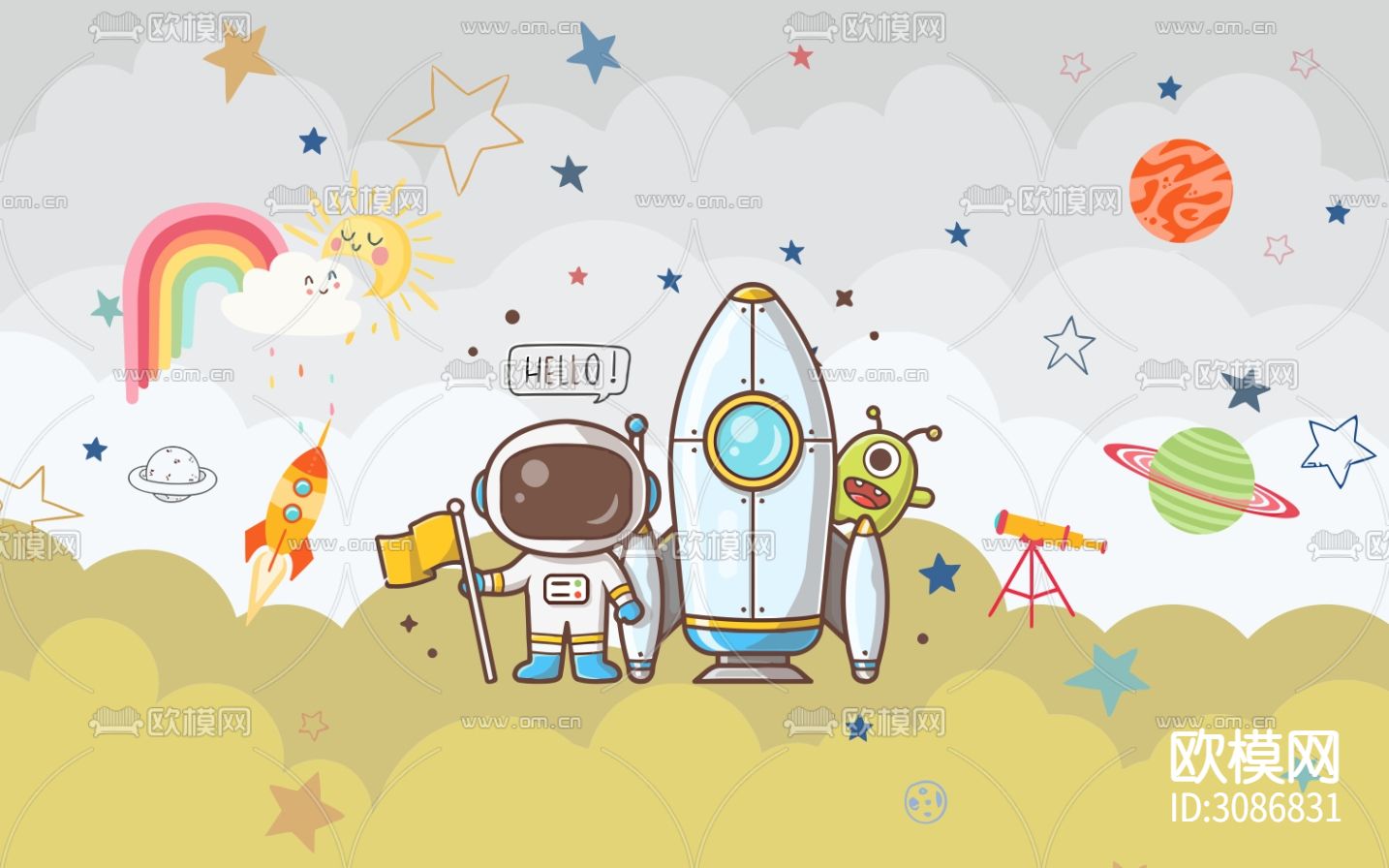 儿童壁纸 卡通壁画 宇航员壁纸贴图下载