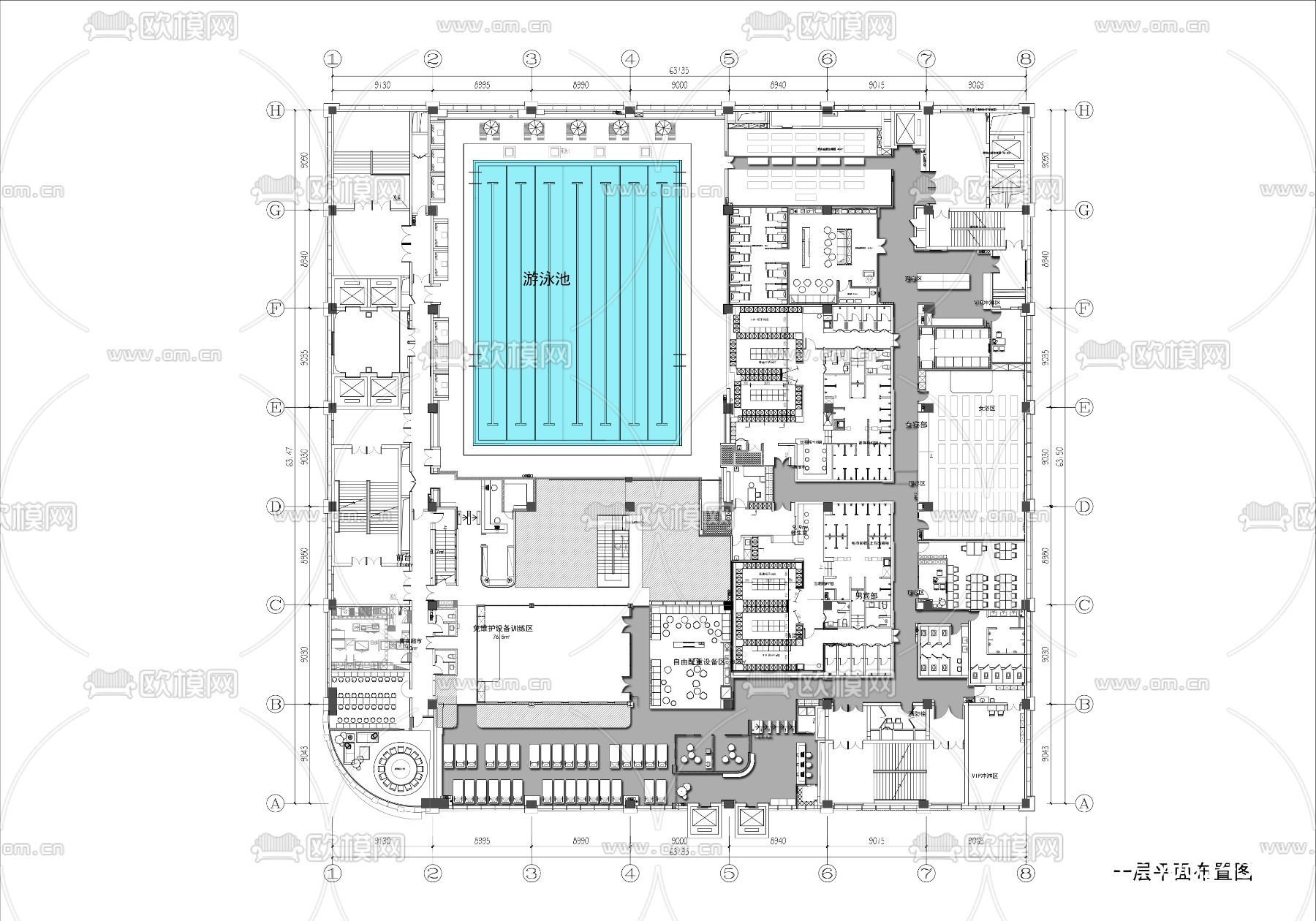 7000㎡两层大型游泳健身会所cad平面图下载（渲染图2）
