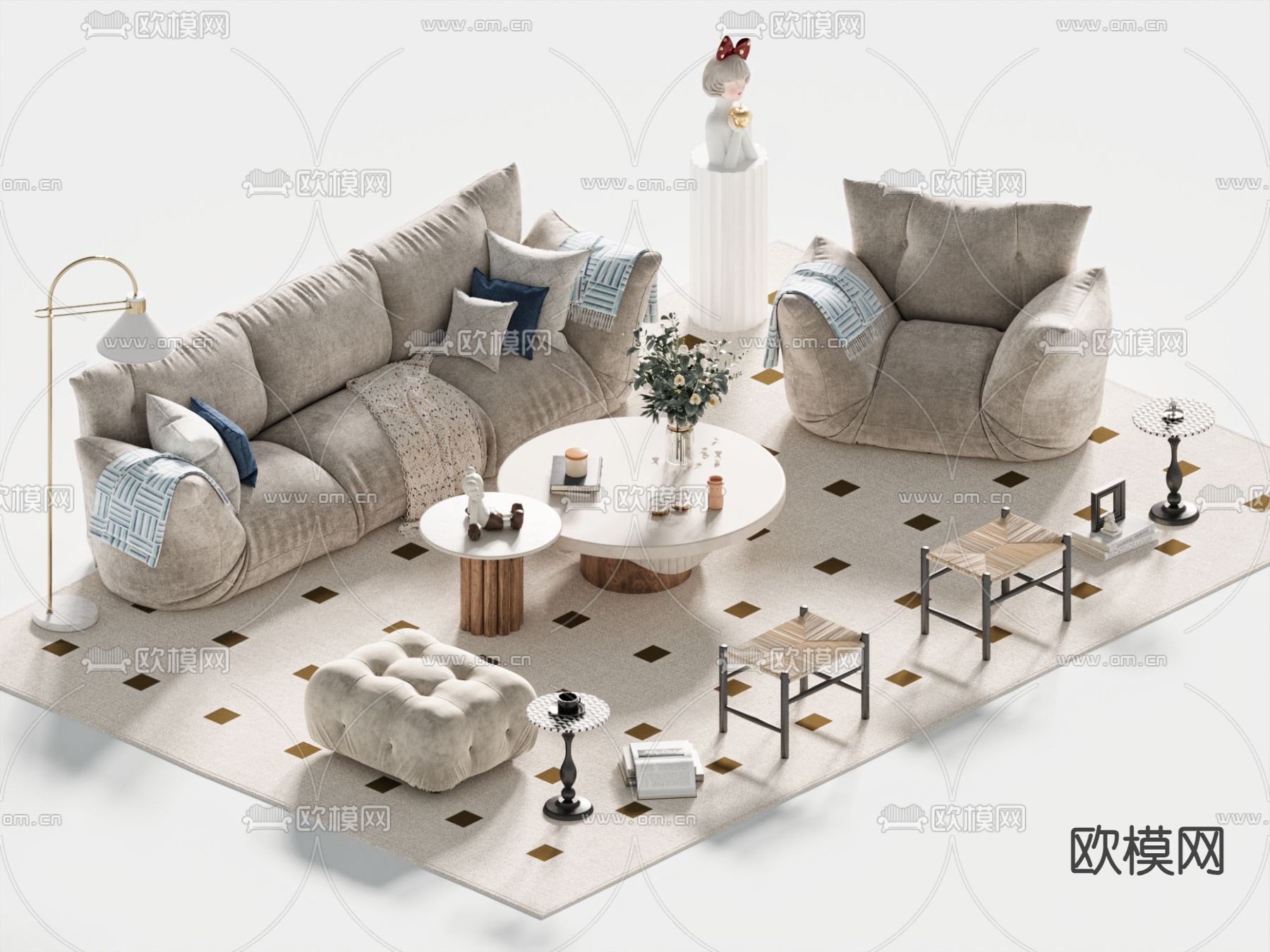 法式组合沙发su模型下载（渲染图2）