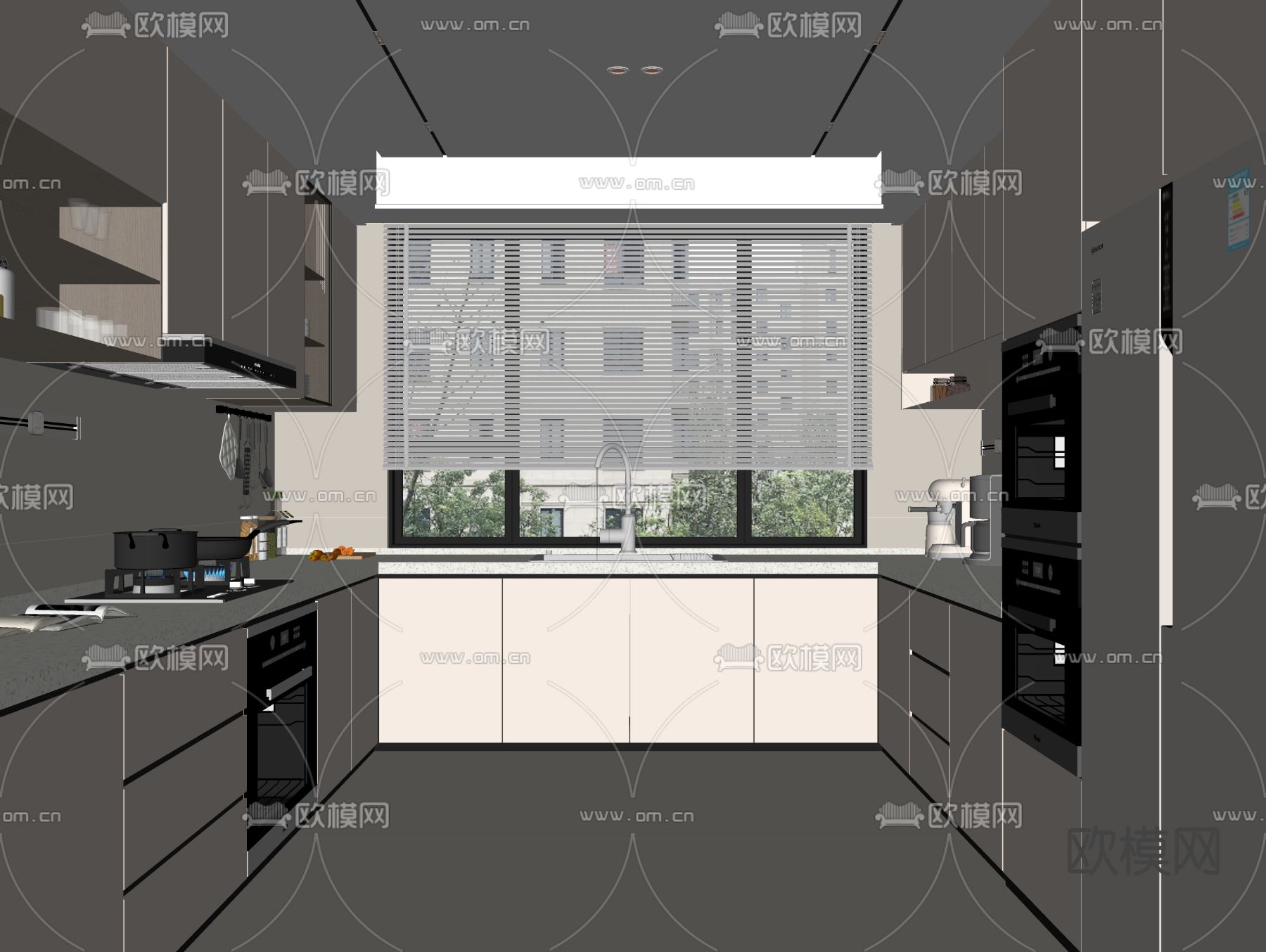 奶油风厨房su模型下载（渲染图1）