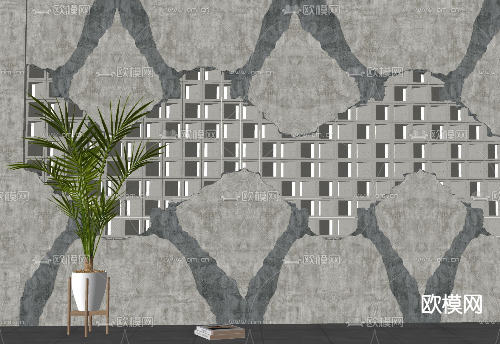 工业风破损背景墙 水泥墙 裂缝墙 空心砖墙su模型下载（渲染图1）