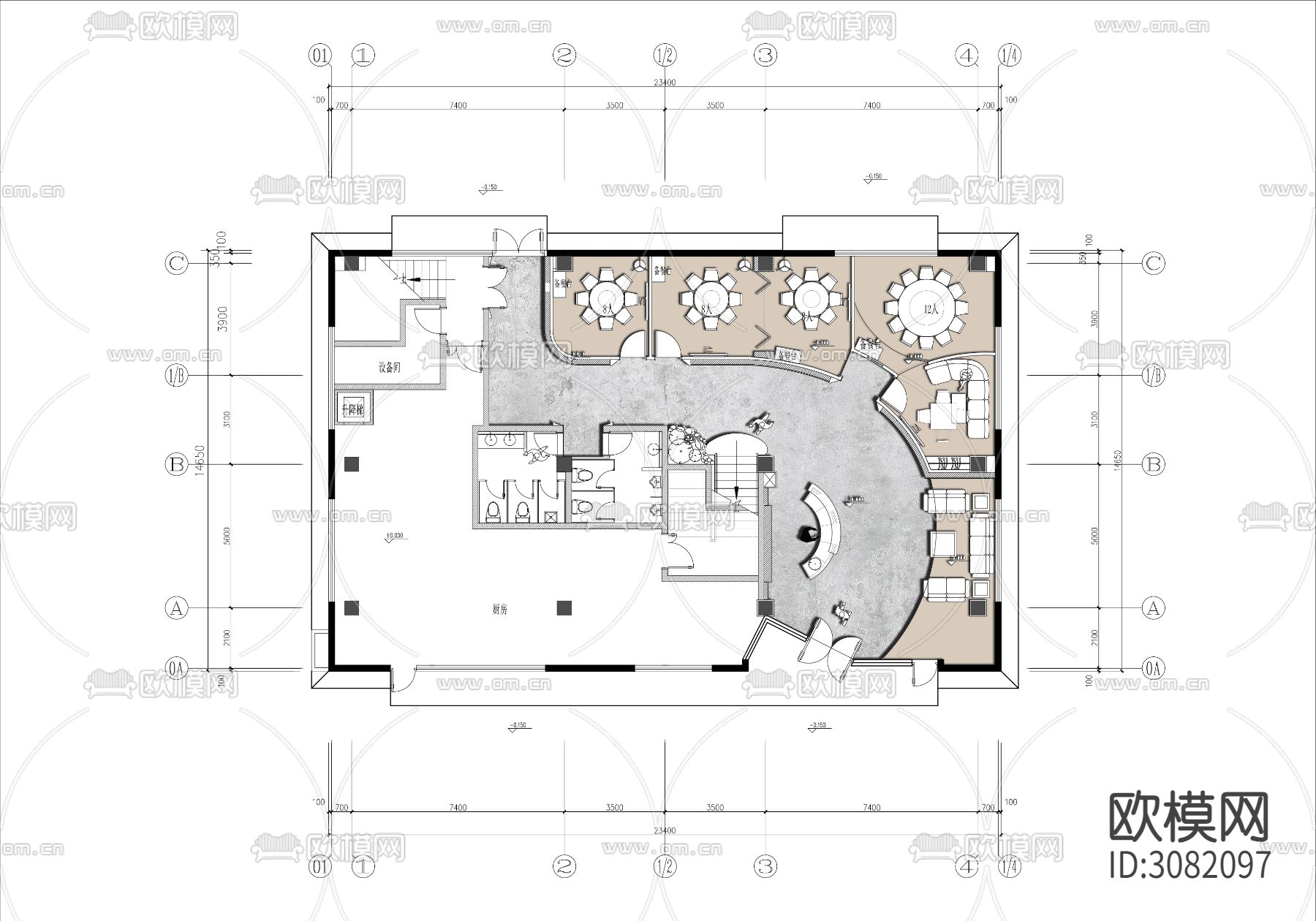 两层私房菜包房餐厅cad平面图下载（渲染图2）