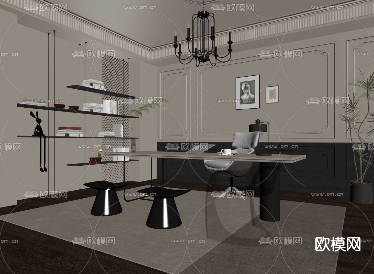 奶油风书房su模型下载（渲染图1）