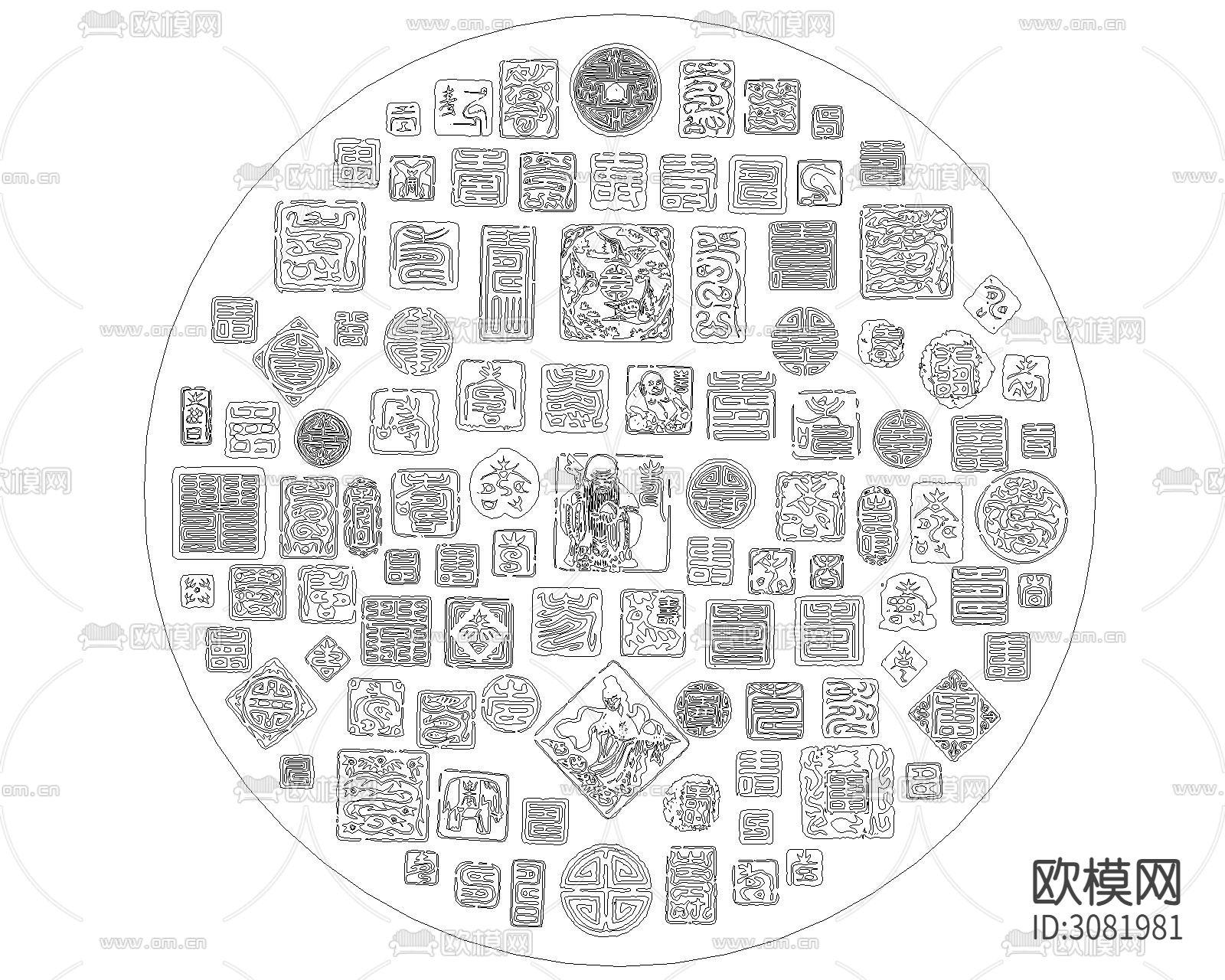 百喜图百福图百寿图cad图库下载（渲染图2）