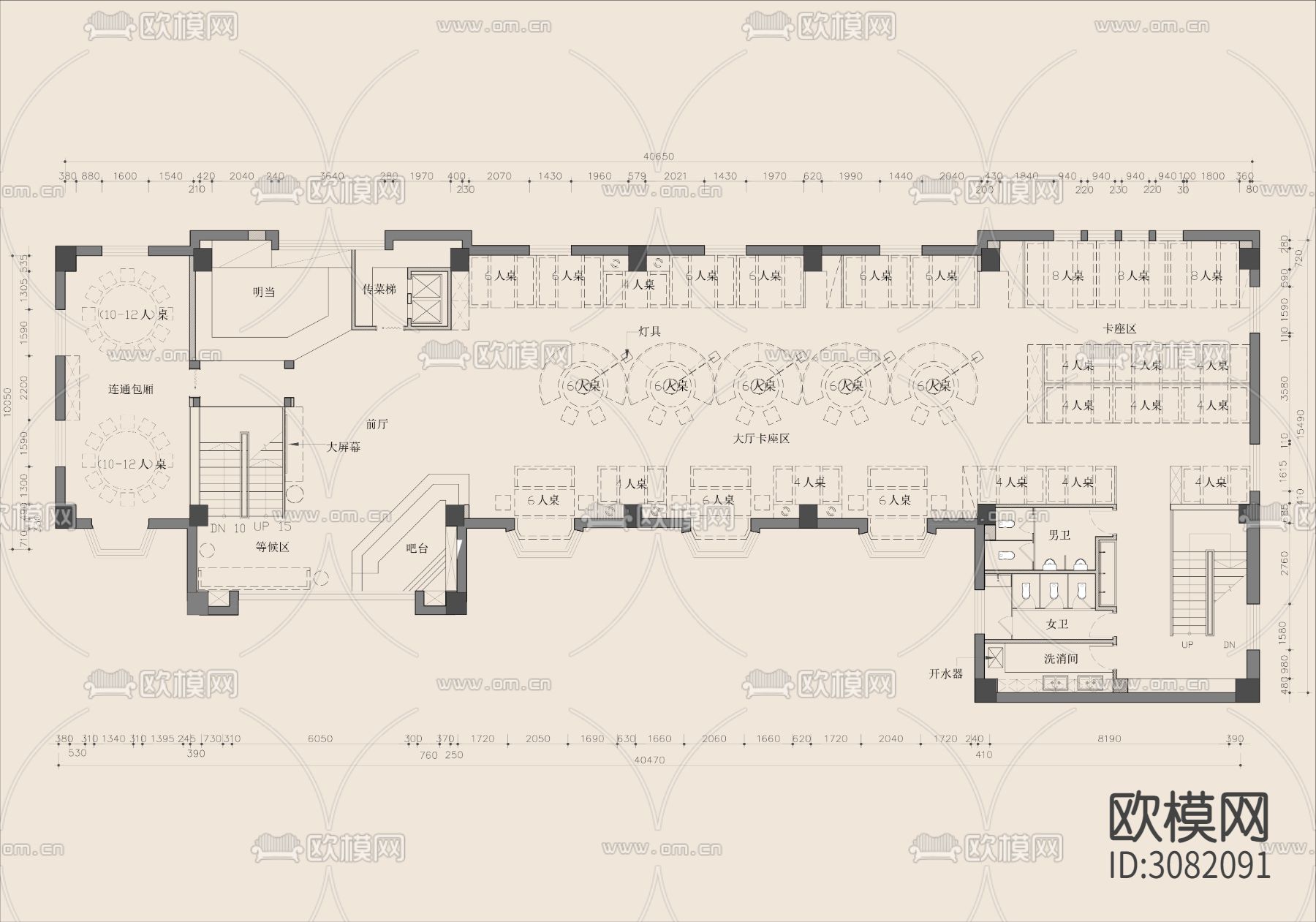 350㎡现代餐厅cad平面图下载（渲染图1）