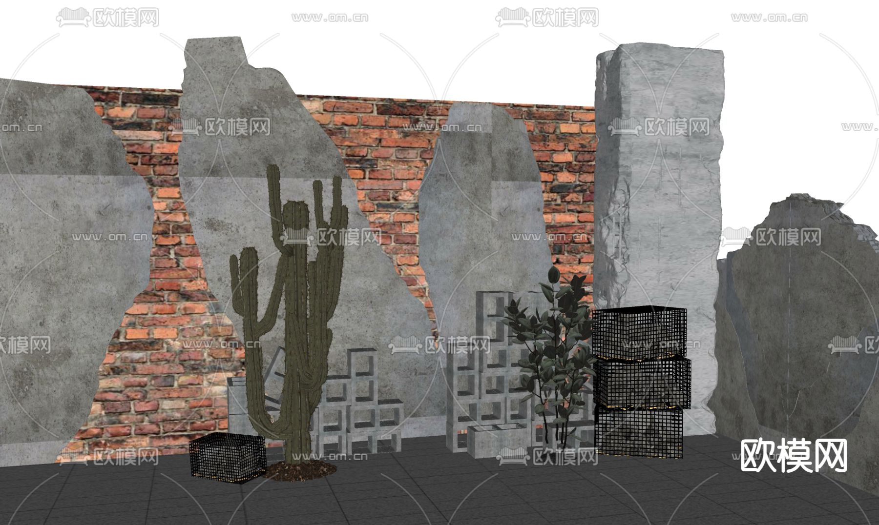 工业风破损墙面 破损柱子 水泥破墙 水泥砖墙su模型下载（渲染图1）