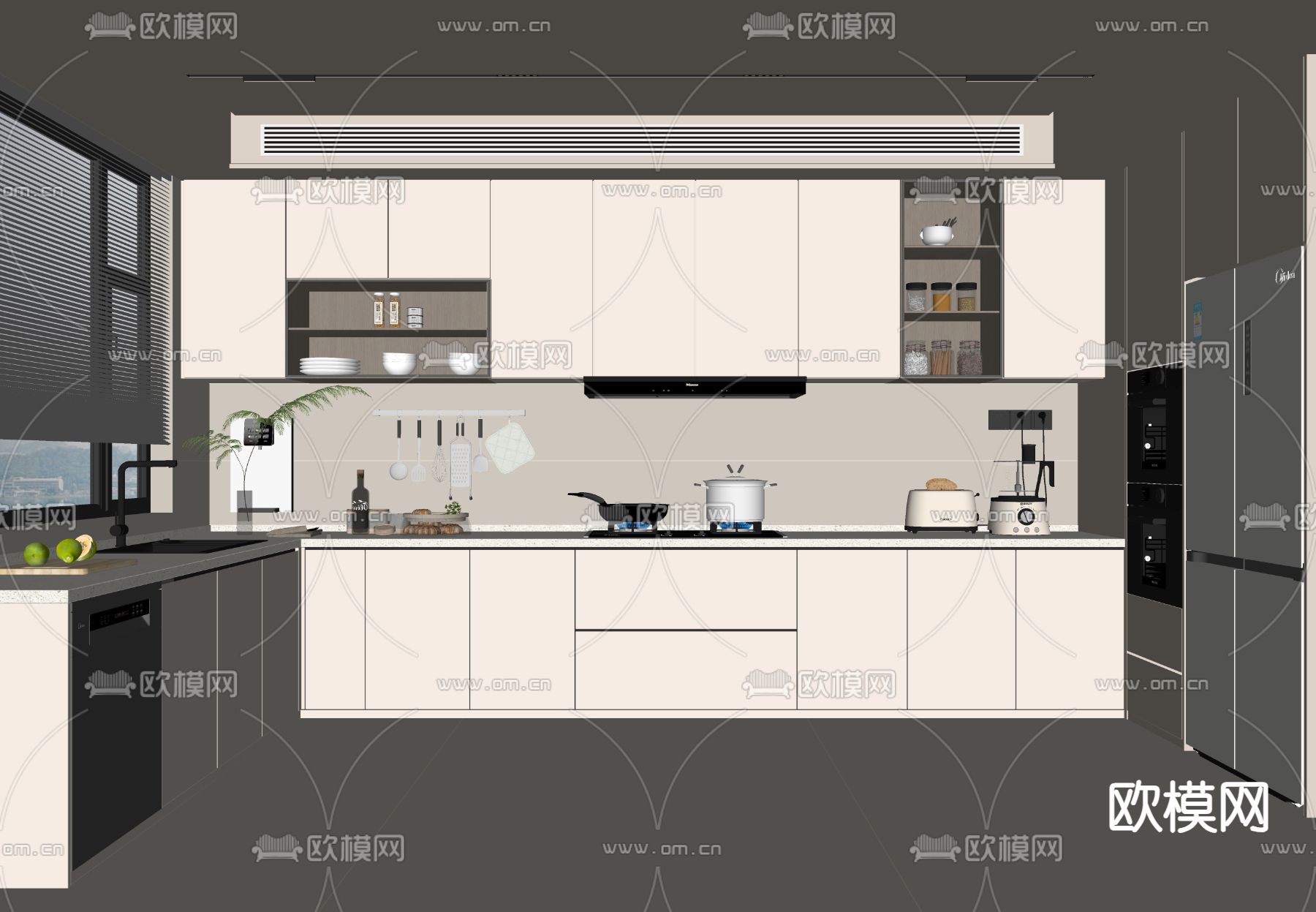 奶油风厨房su模型下载（渲染图1）