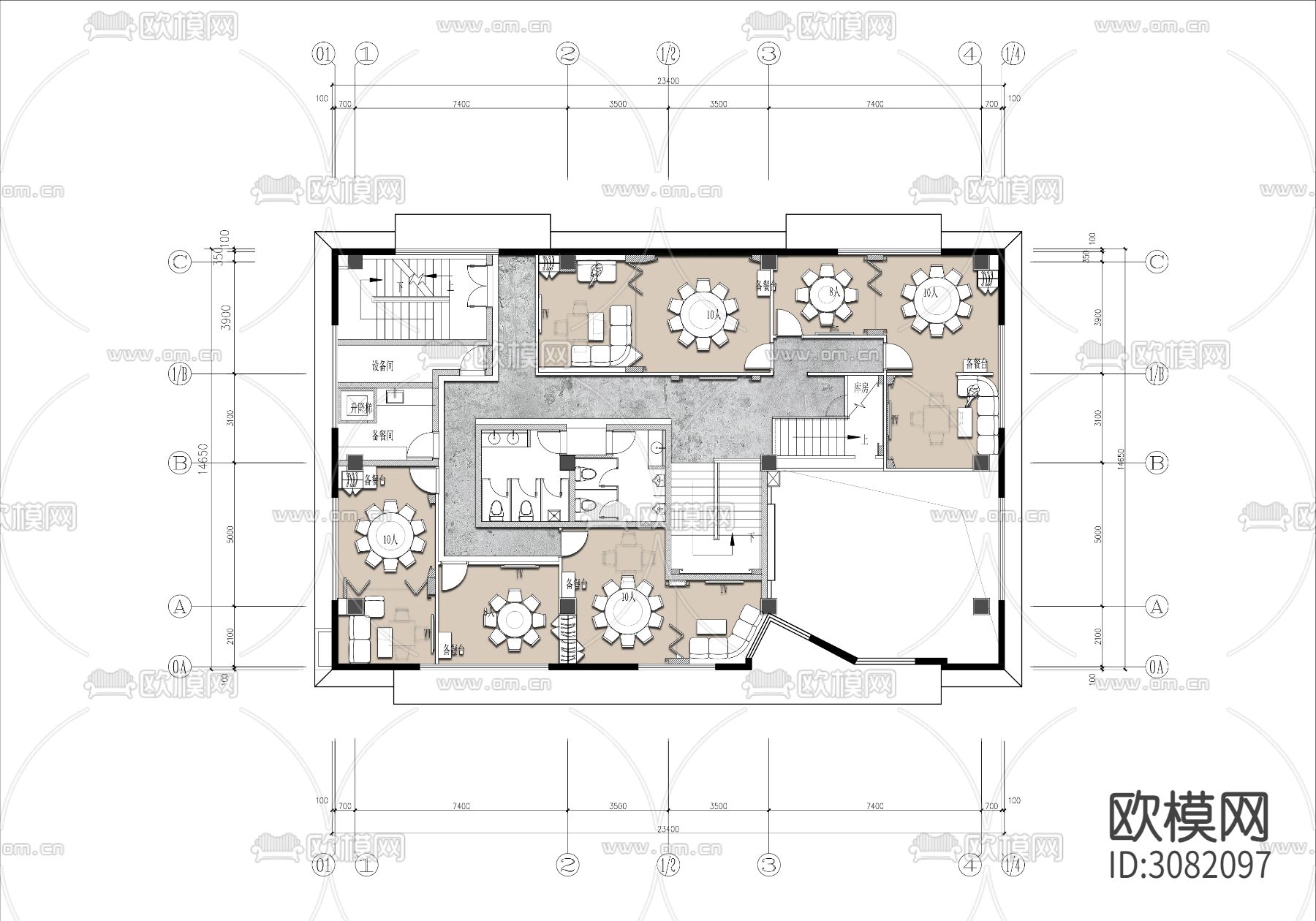 两层私房菜包房餐厅cad平面图下载（渲染图1）