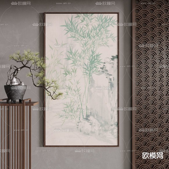 新中式水墨画 植物画 装饰画3d模型下载