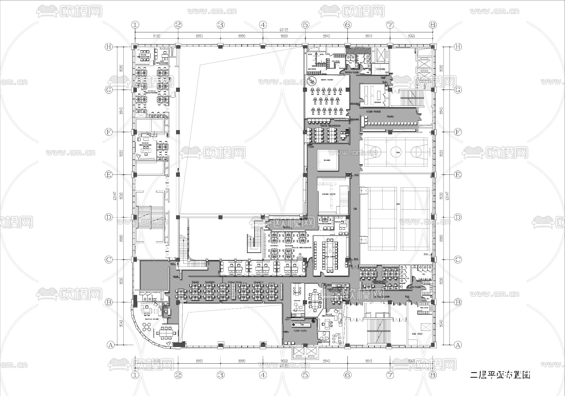 7000㎡两层大型游泳健身会所cad平面图下载（渲染图1）