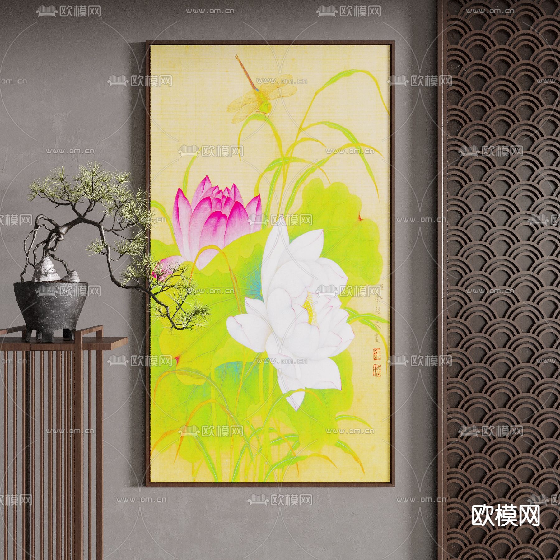 新中式荷花画 装饰画3d模型下载