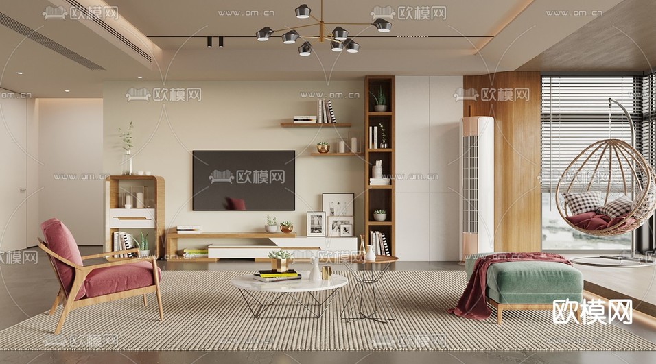 北欧客厅 电视背景3d模型下载