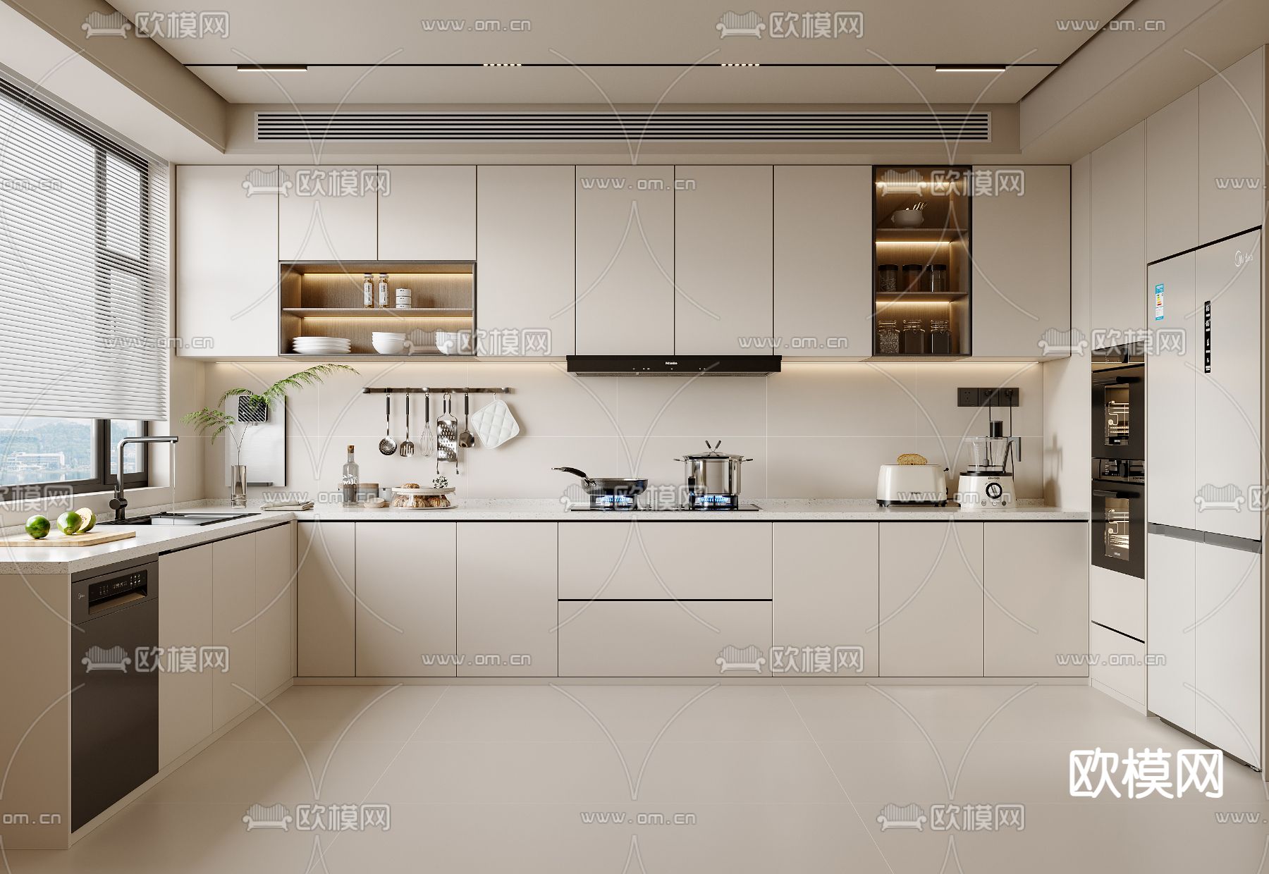 奶油风厨房su模型下载（渲染图2）