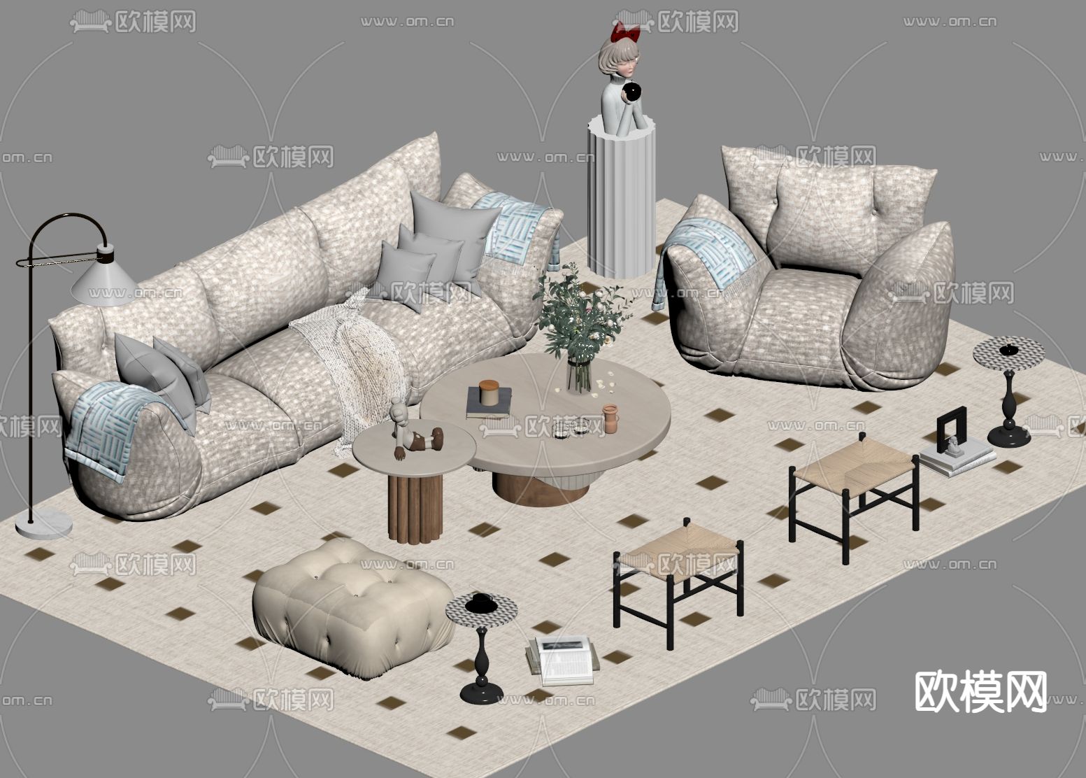 法式组合沙发su模型下载（渲染图1）