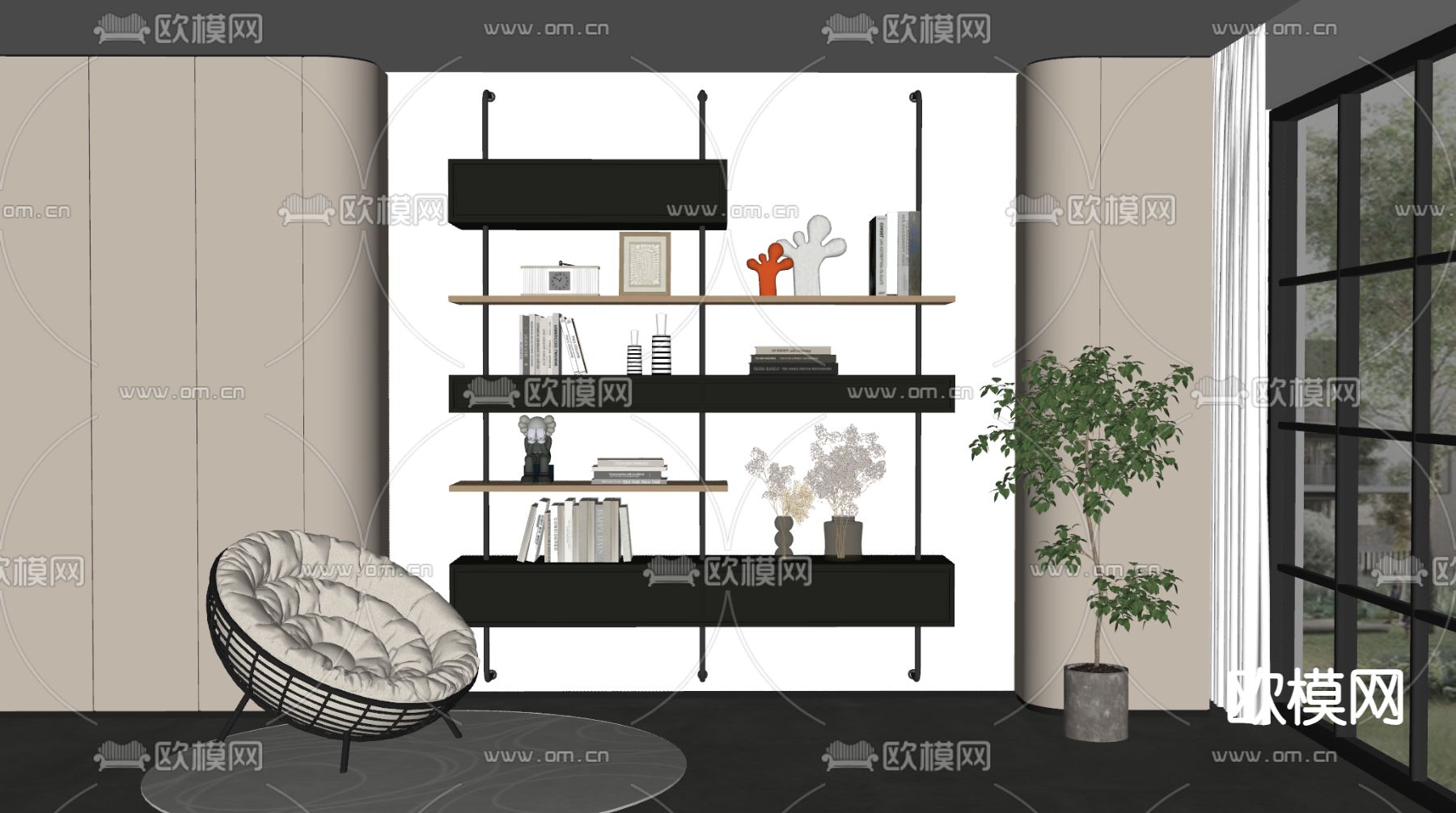 极简书架 置物架su模型下载（渲染图1）