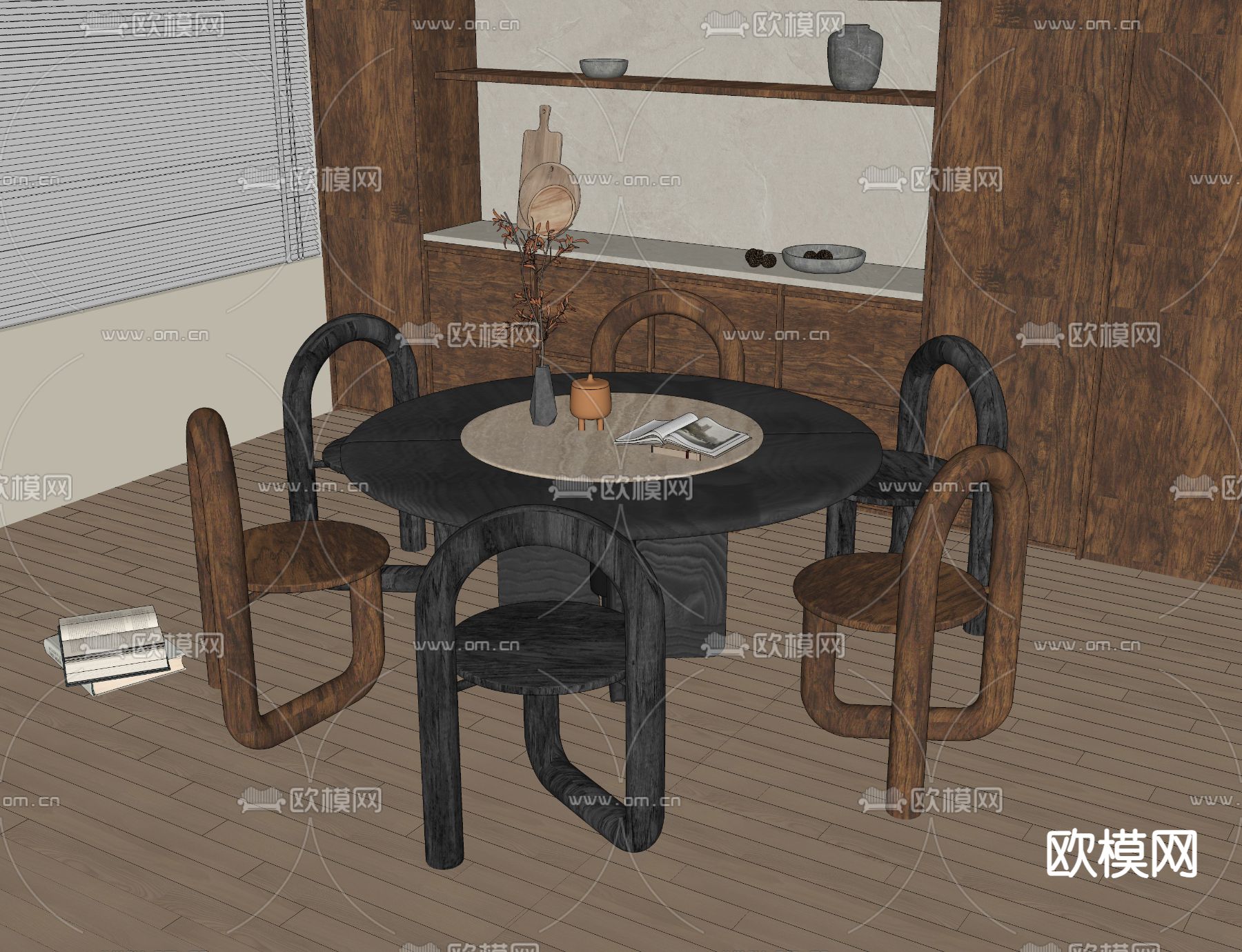 中古风餐桌椅su模型下载（渲染图1）