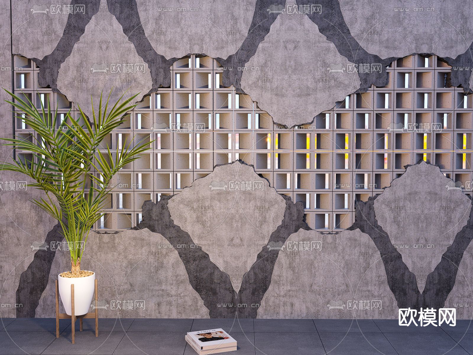 工业风破损背景墙 水泥墙 裂缝墙 空心砖墙su模型下载（渲染图2）