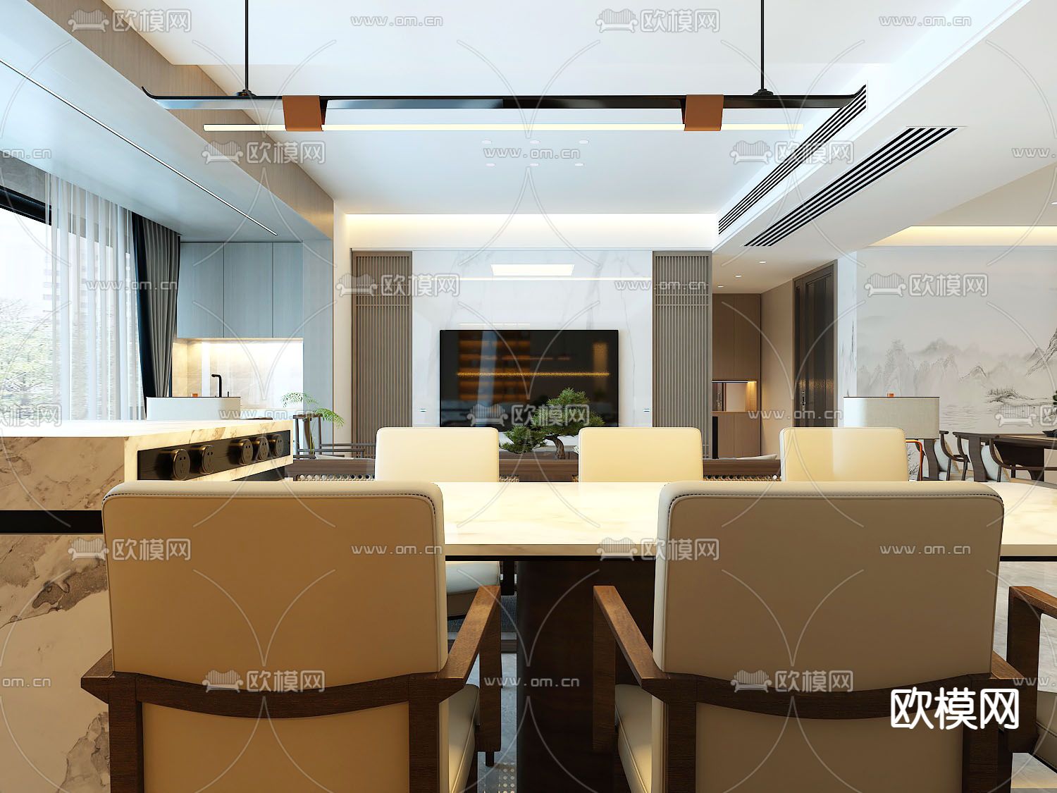 新中式客厅 餐厅3d模型下载（渲染图2）