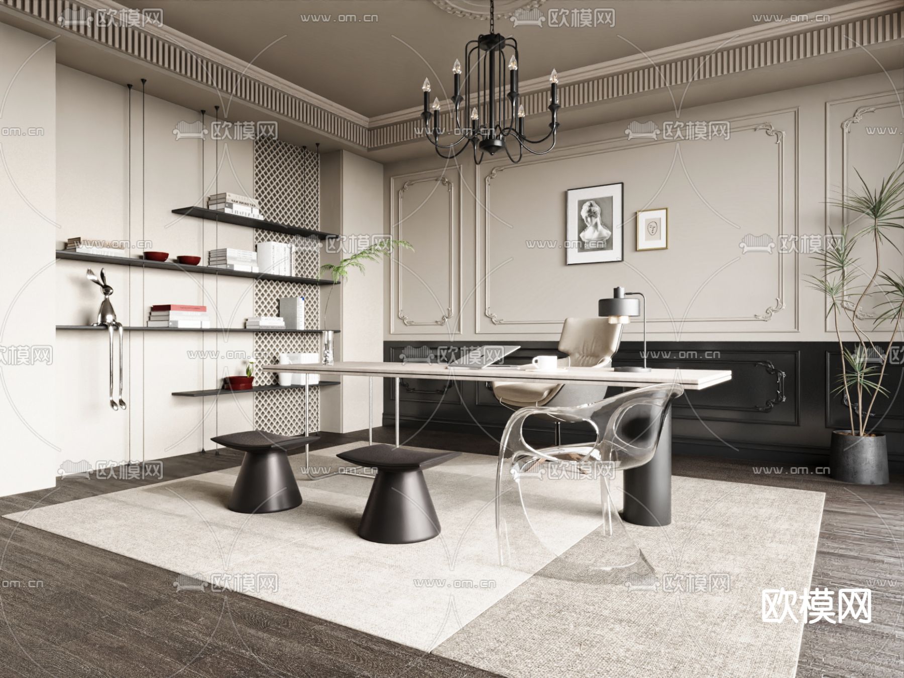 奶油风书房su模型下载（渲染图2）