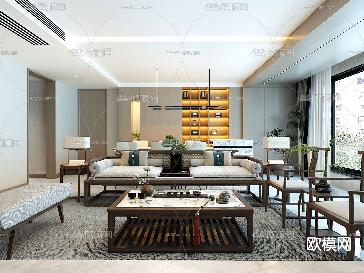 新中式客厅 餐厅3d模型下载（渲染图1）