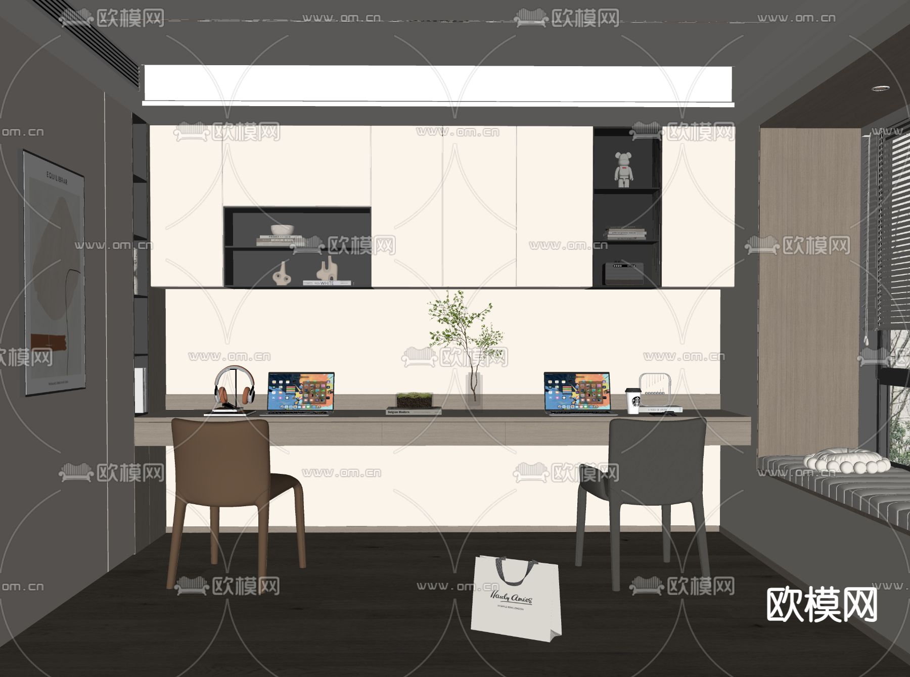 现代书房su模型下载（渲染图1）
