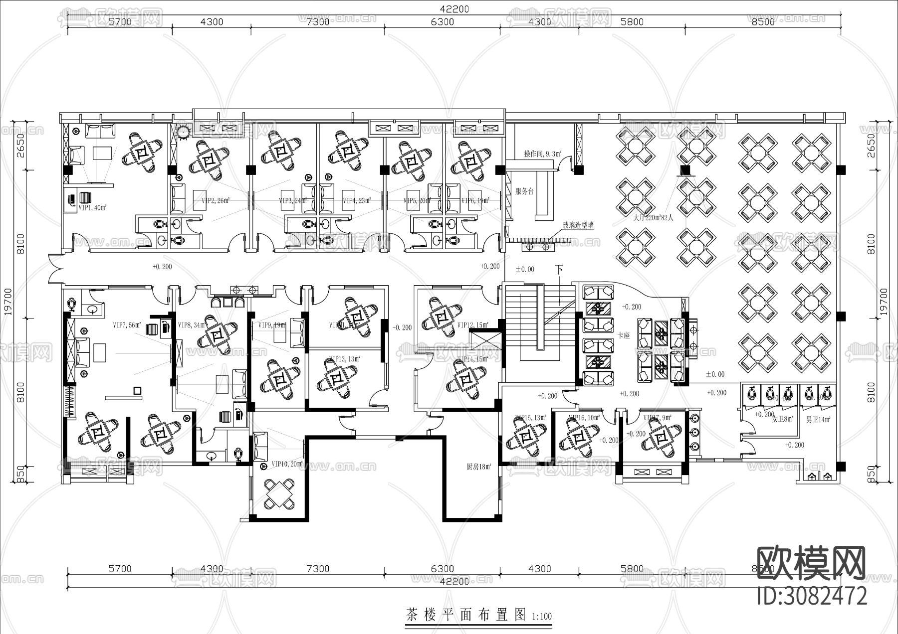 500㎡茶楼棋牌室cad平面图下载（渲染图1）