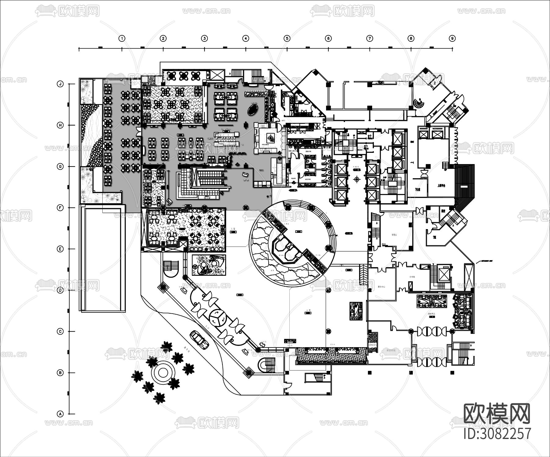 星级度假酒店全日餐厅cad平面图下载